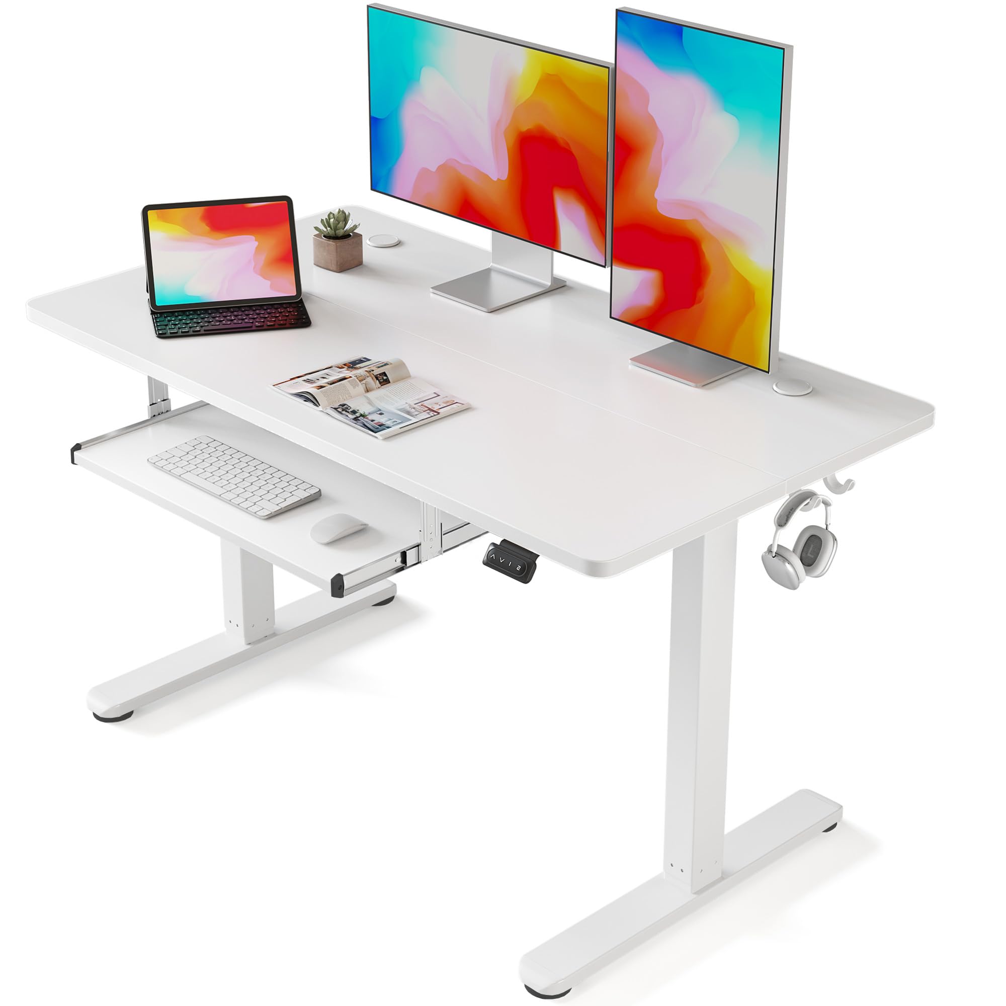 FEZIBO 48 x 24 Inches Electric Height Adjustable Standing Desk with Keyboard Tray - White Sit Stand Office Desk for Home & Workspace - Perfect for Remote Work, Gaming & Ergonomic Computing Setup