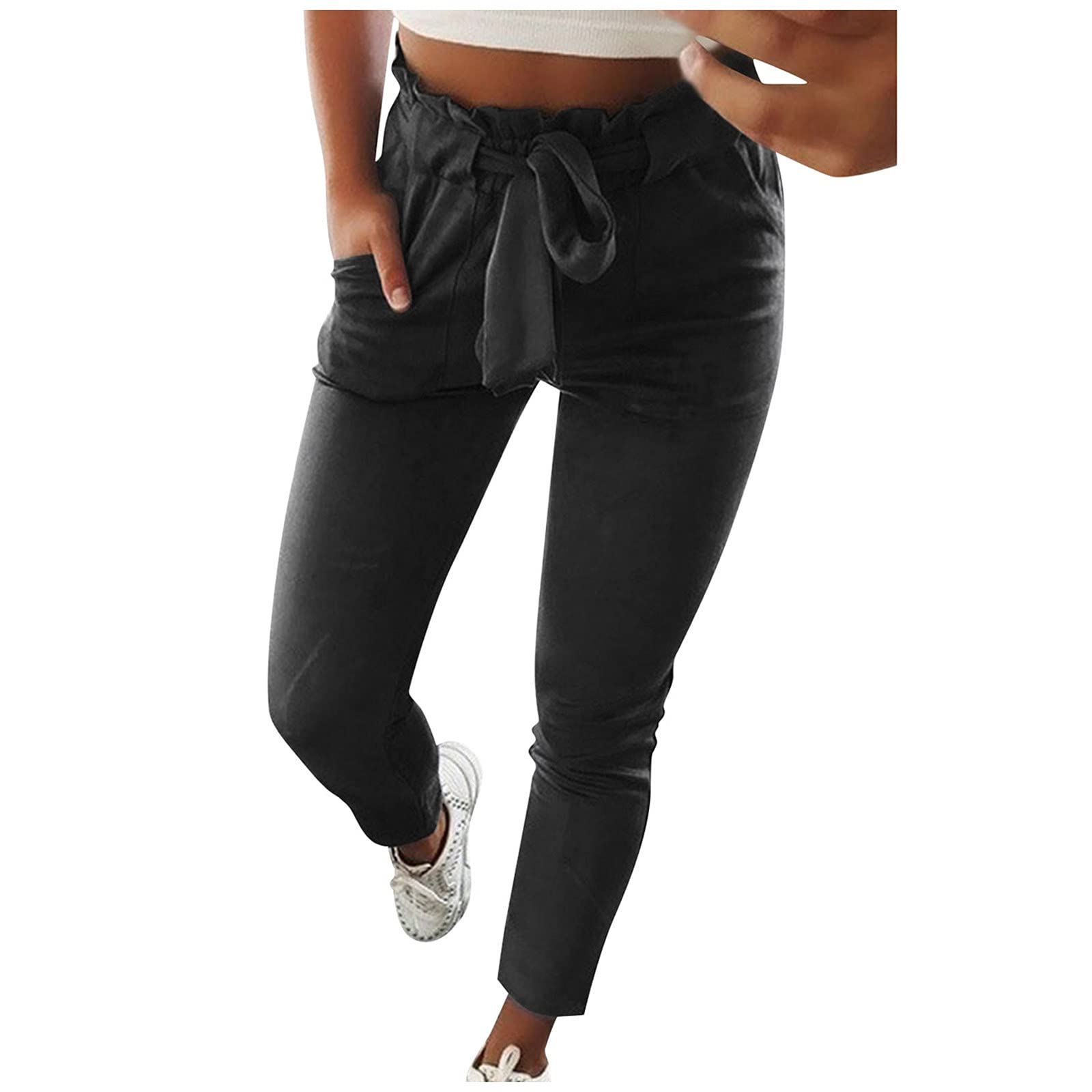 Lynmion Women's High Waist Harem Pants with Pockets & Lace-Up Bowtie - Elastic Waist Casual Lounge Pants for Yoga, Travel & Home Wear