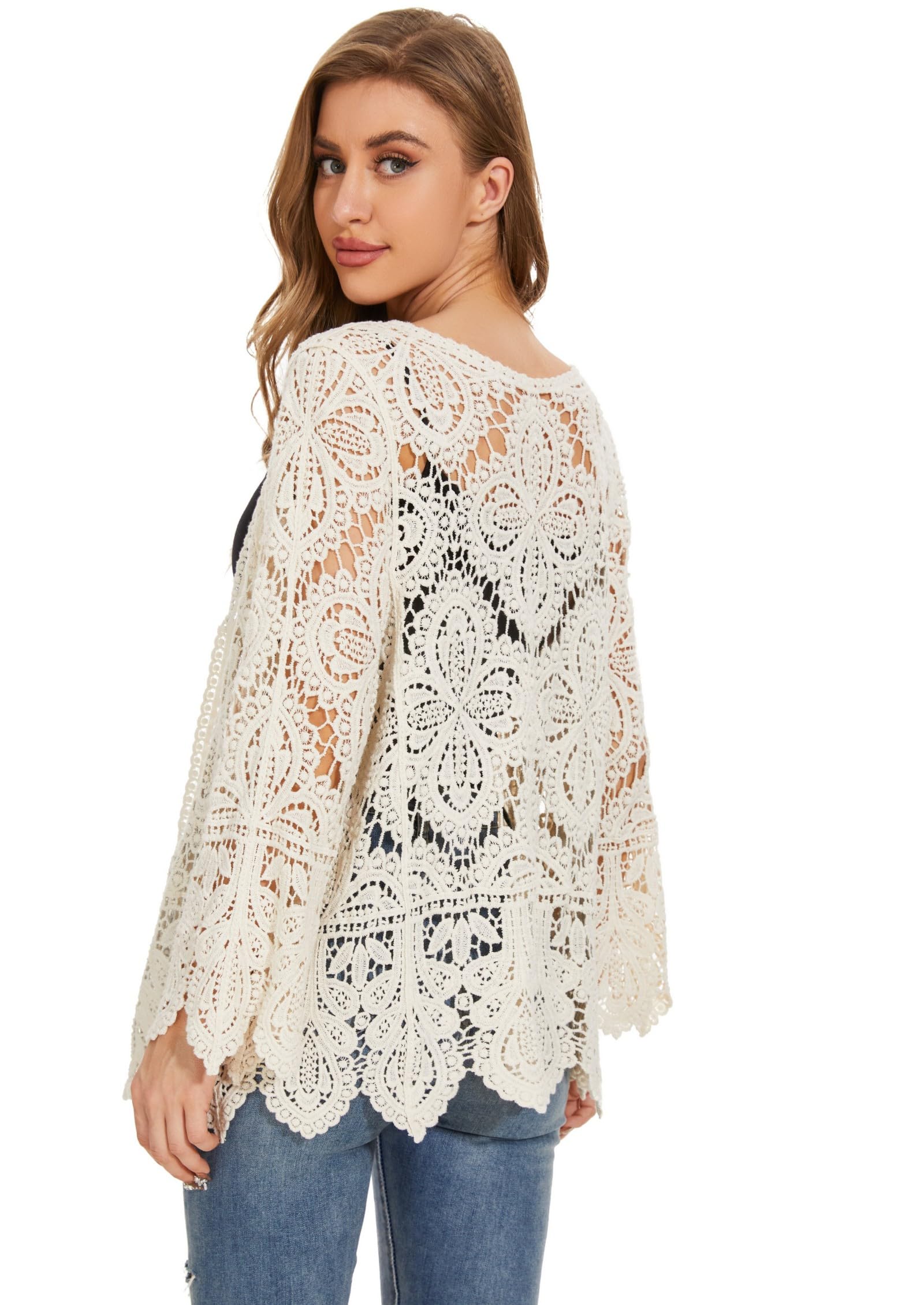Women's Cotton Casual Floral Lace Crochet Long Sleeve Cardigan Boho Cover Up - Lightweight Summer Beachwear for Women, Perfect for Vacation, Date Night and Layering