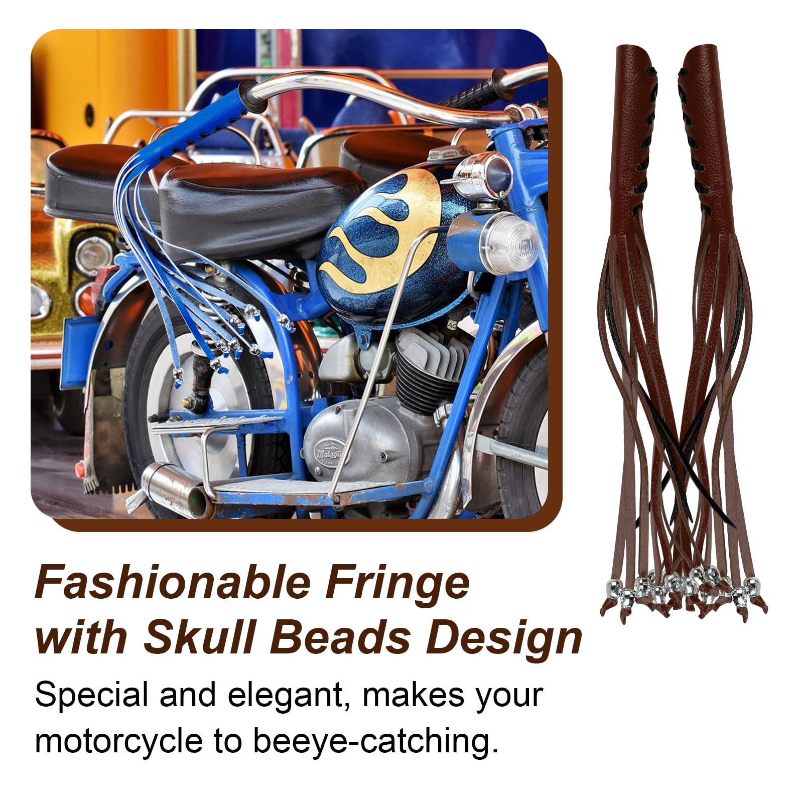 2-Pack Motorcycle Get Back Whips with Tassels & Skull Beads - PU Leather Handlebar Whip & Lever Cover Set for Harley, Chopper, Cruiser - Riding Safety Accessories for Bikers
