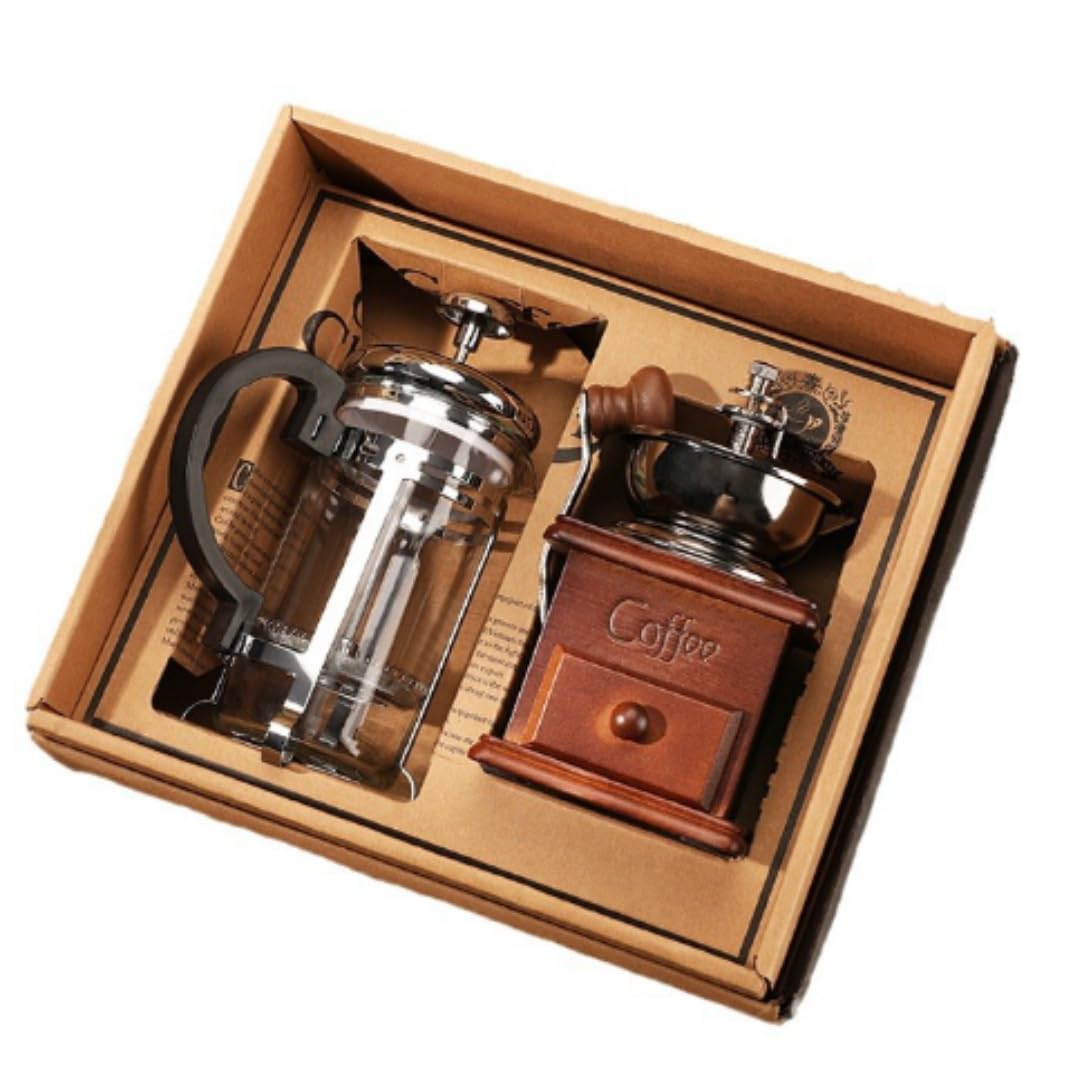 Premium French Press Coffee Maker & Manual Coffee Grinder Set - Stainless Steel Portable Coffee Brewing Kit for Home, Office, Camping & Travel - Perfect Gift for Coffee Lovers & Organic Coffee Enthusiasts