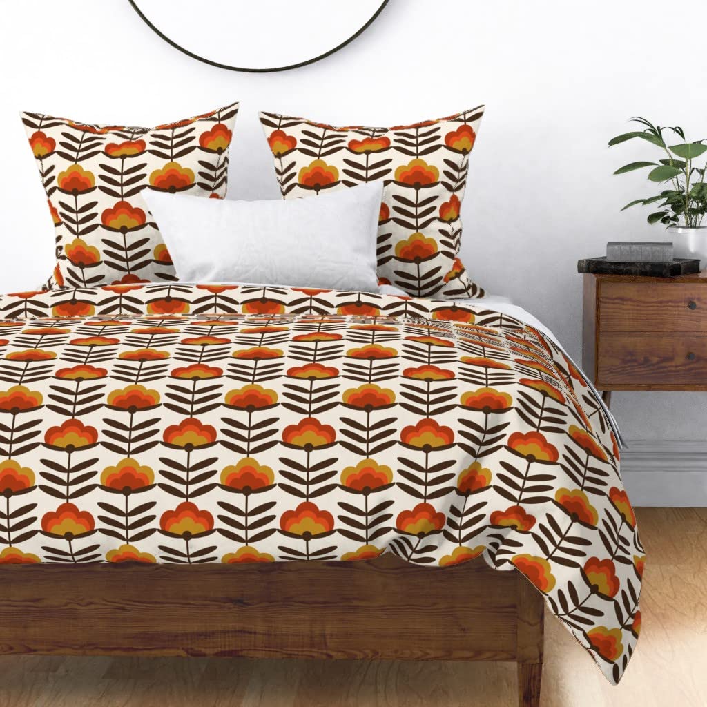 Custom Retro 70s Floral Brown Happy Flower Rust Print Cotton Sateen Duvet Cover for Twin Bed - Vintage Style Bedding for Bohemian & Mid-Century Modern Bedrooms