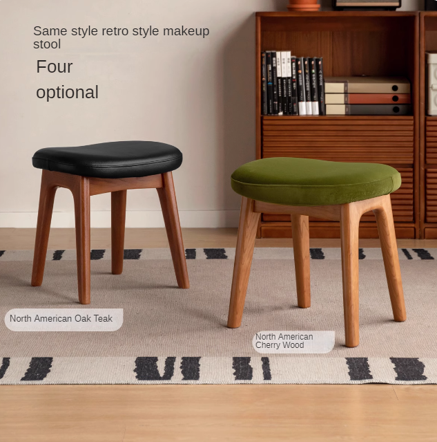 Premium Solid Oak & Black Walnut Wood Makeup Stool - Elegant Vanity Seat with Cushion for Bedroom, Dressing Room & Beauty Salon