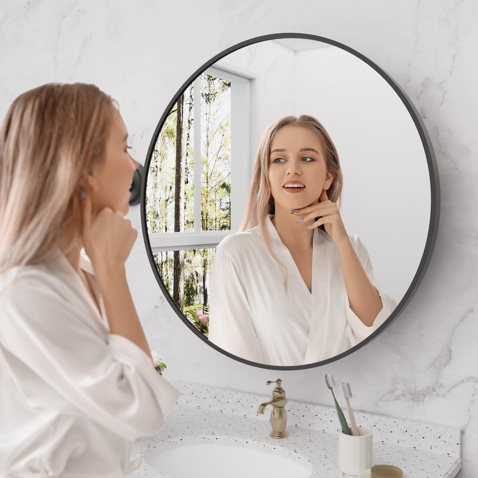 24 Inch Black Round Wall Mounted Medicine Cabinet with Mirror - Aluminum Alloy Metal Frame, Surface Mount Bathroom Storage | Perfect for Small Bathrooms, Powder Rooms & Vanity Areas