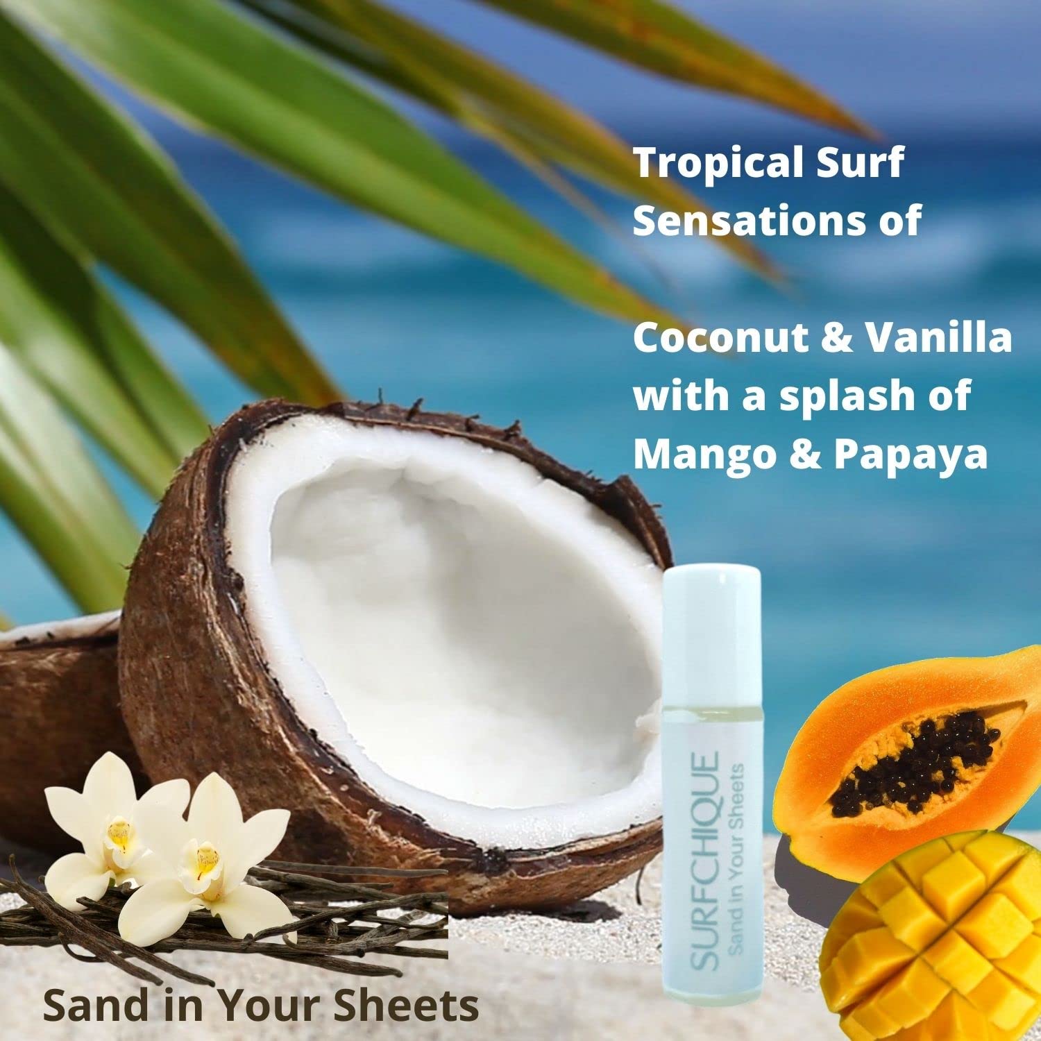 Tropical Beach Perfume Oil Roll On for Women - Coconut Vanilla Scent with Mango & Papaya Notes - Long Lasting Fragrance Oil - Perfect for Summer Vacations, Beach Trips & Date Nights