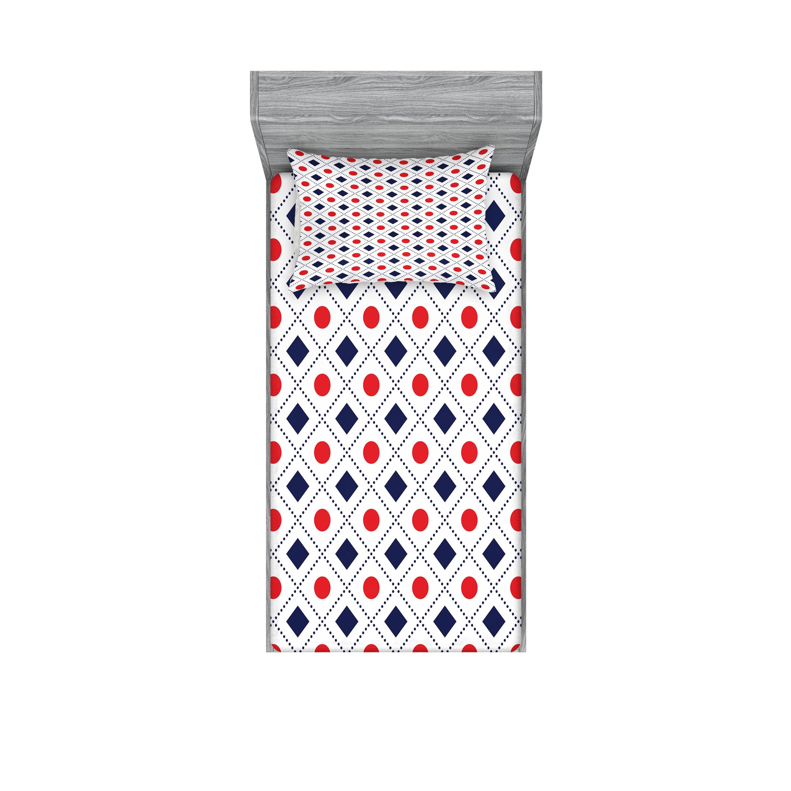 Ambesonne Navy Blue and Red Fitted Sheet & Pillow Sham Set - Big Red Dots Squares Geometric Tile Print 2-Piece Twin XL Bedding Set for Modern Home Decor - Perfect for Guest Rooms, Dorms & Cozy Bedrooms