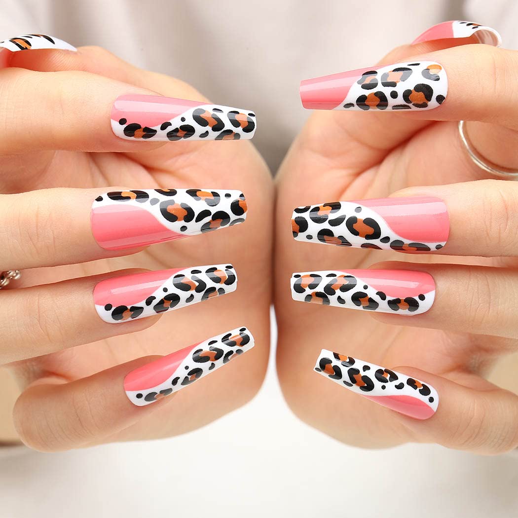 Extra Long Coffin Press on Nails - Glossy Pink Leopard Fake Nails with Ballerina Design - 24Pcs Full Cover Artificial Nails for Women & Girls - Perfect for Parties, Weddings, and Special Occasions