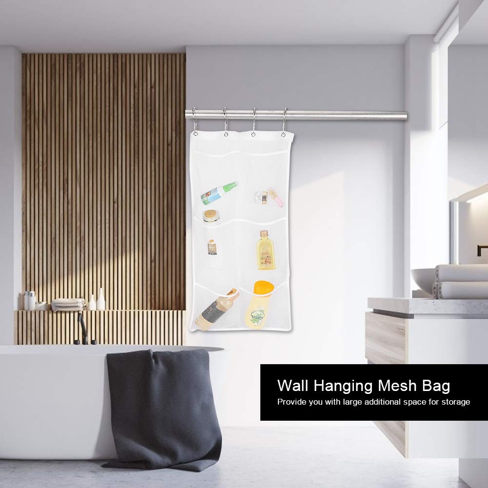 Hanging Mesh Shower Organizer with 6 Pockets & 4 Rings - Waterproof Bathroom Storage Caddy for Toiletries, Kids Bath Toys, and Shower Essentials - Perfect for Small Spaces, Dorm Rooms, and Family Bathrooms