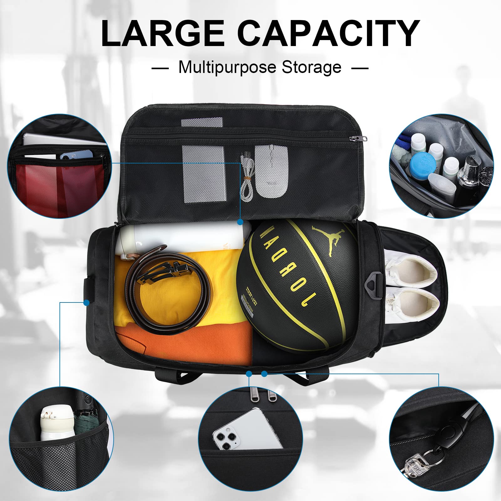 **40L Waterproof Gym Bag for Men & Women - Lightweight Sports Duffle Bag with Shoe Compartment & Wet Pocket - Large Travel Carry On Weekender Overnight Bag for Workouts, Travel & Gym - Black**