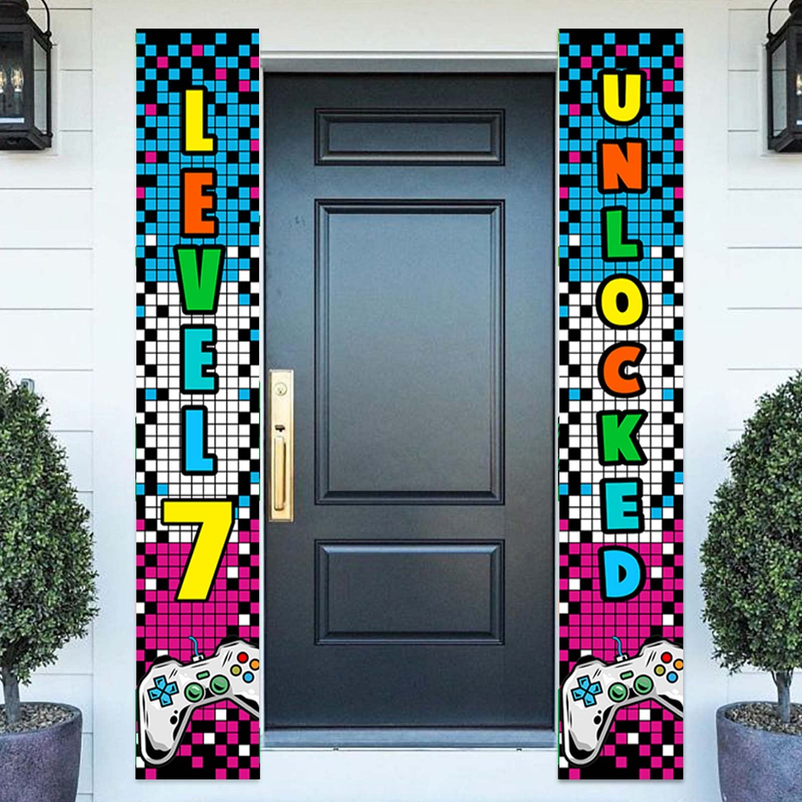 Level 7 Unlocked Happy 7th Birthday Banner - Video Game Controller Themed Backdrop & Photo Booth Props for Boys Girls 7th Birthday Party Decorations - Perfect for Door Porch Decor & Gaming Theme Parties