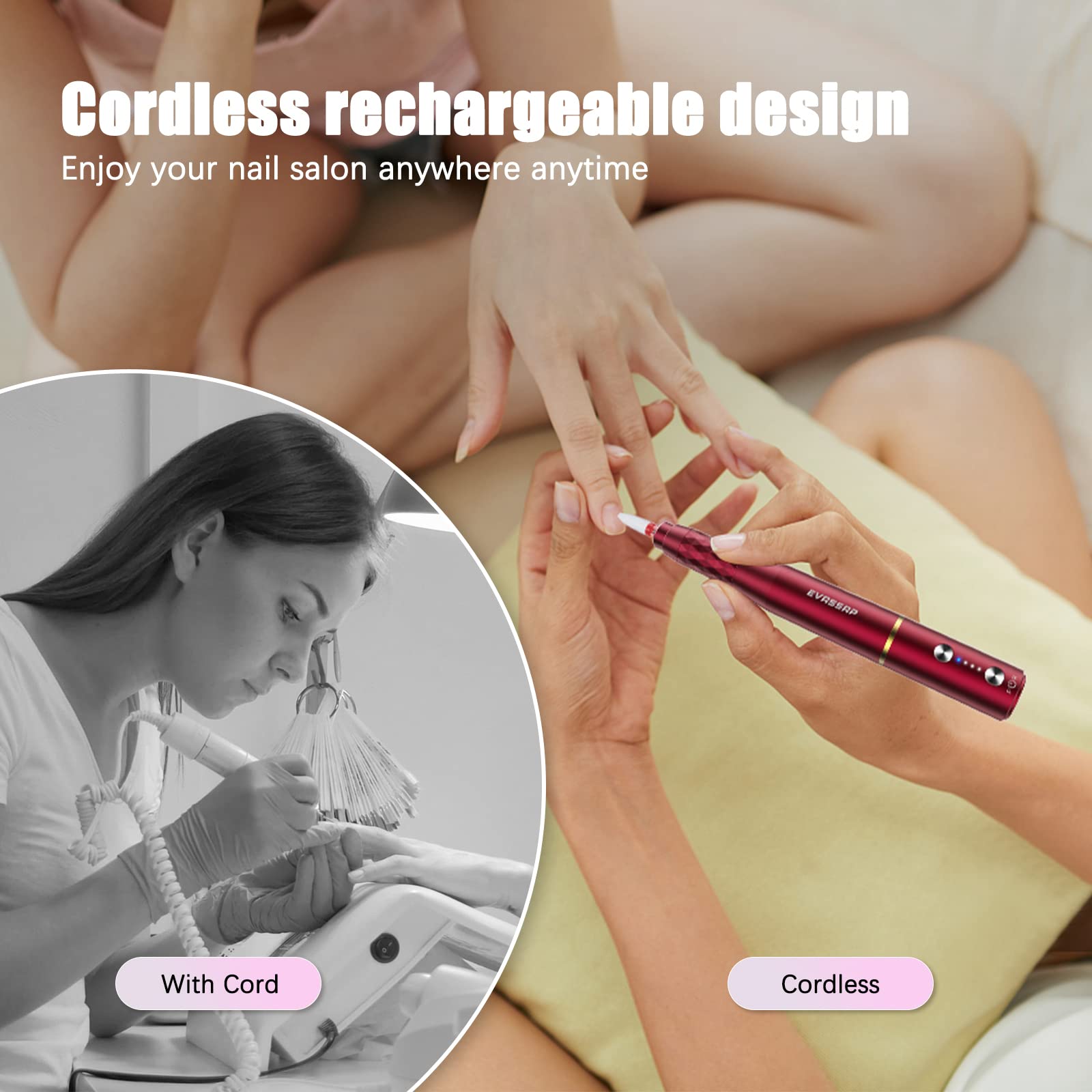 Cordless Electric Nail Drill Set - Rechargeable Portable Manicure & Pedicure Kit for Acrylic, Gel & Natural Nails | Professional Salon & Home Nail Care Tool (Red) | Perfect for DIY Nail Art, Nail Extensions & Nail Polish Removal