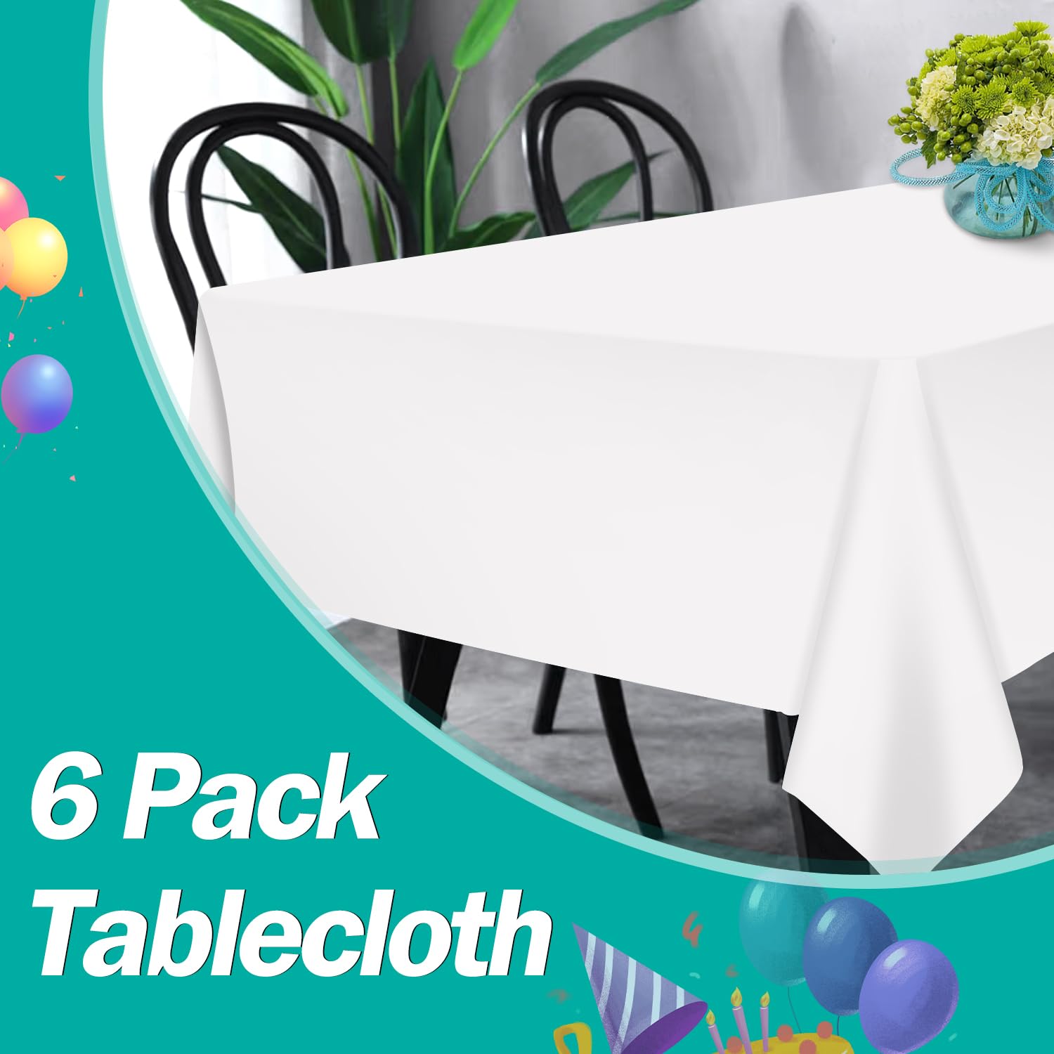 6 Pack White Disposable Plastic Tablecloths 54