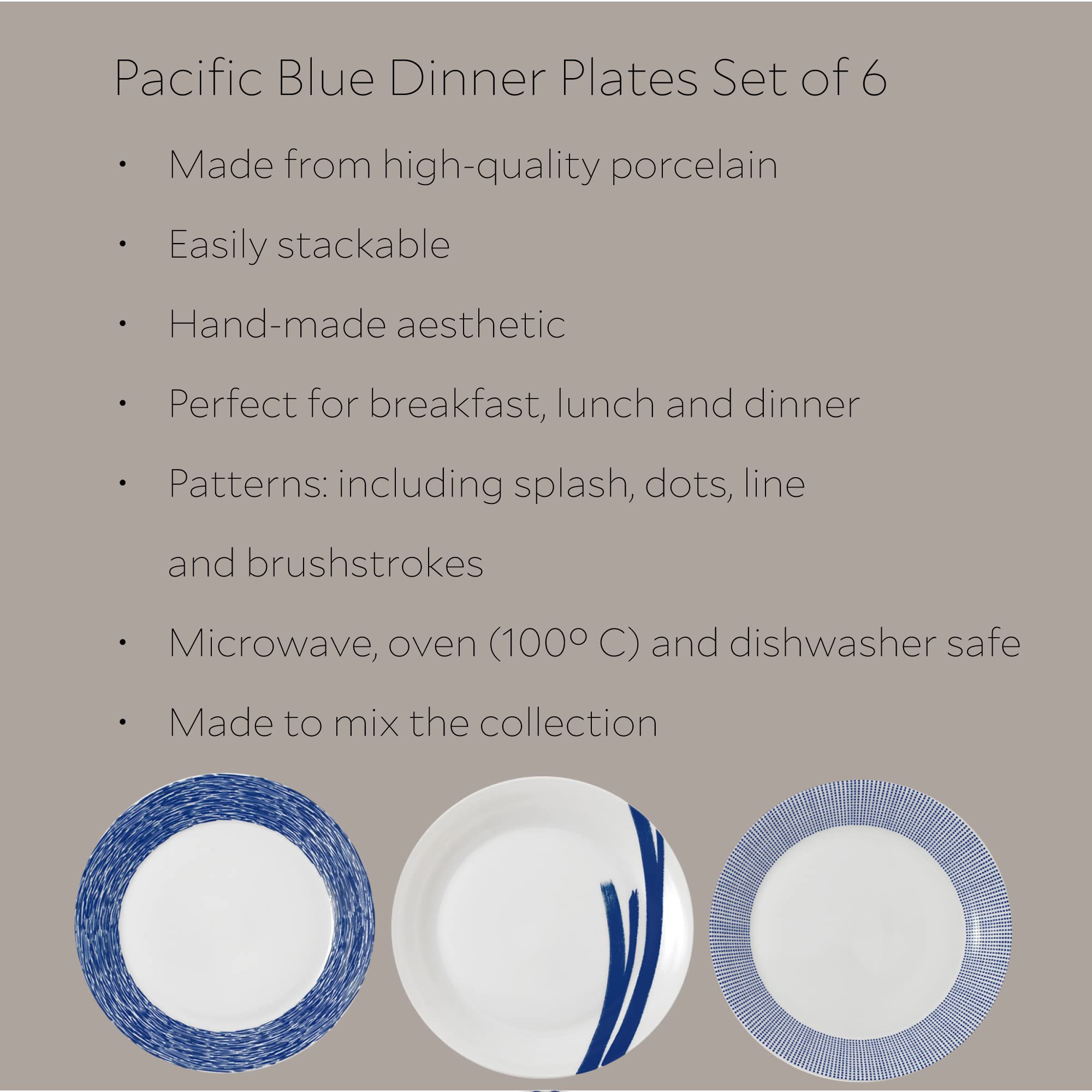 Royal Doulton Pacific Mixed Patterns Dinner Plates 11.4 Inch - Blue and White Ceramic Plates Set of 6 - Elegant Dinnerware for Formal Dining, Parties & Home Decor