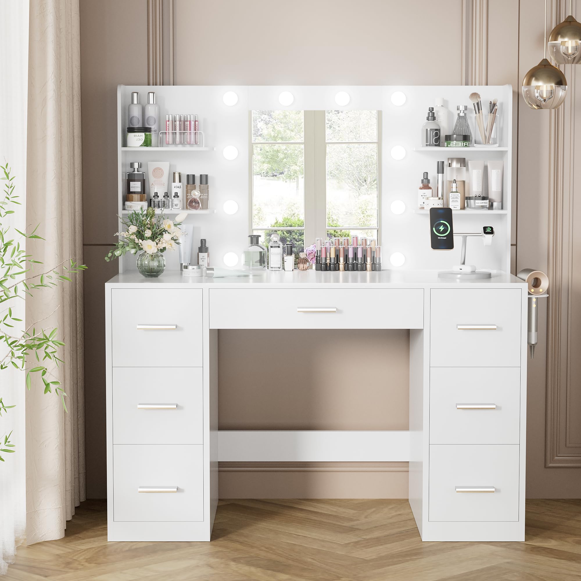 YESHOMY Vanity Desk with LED Lights & Power Outlet - 7-Drawer Makeup Dressing Table with Adjustable Mirror - 3 Color Lighting Modes (Pure White) for Bedroom, Home Beauty Station & Hollywood Glam Setup