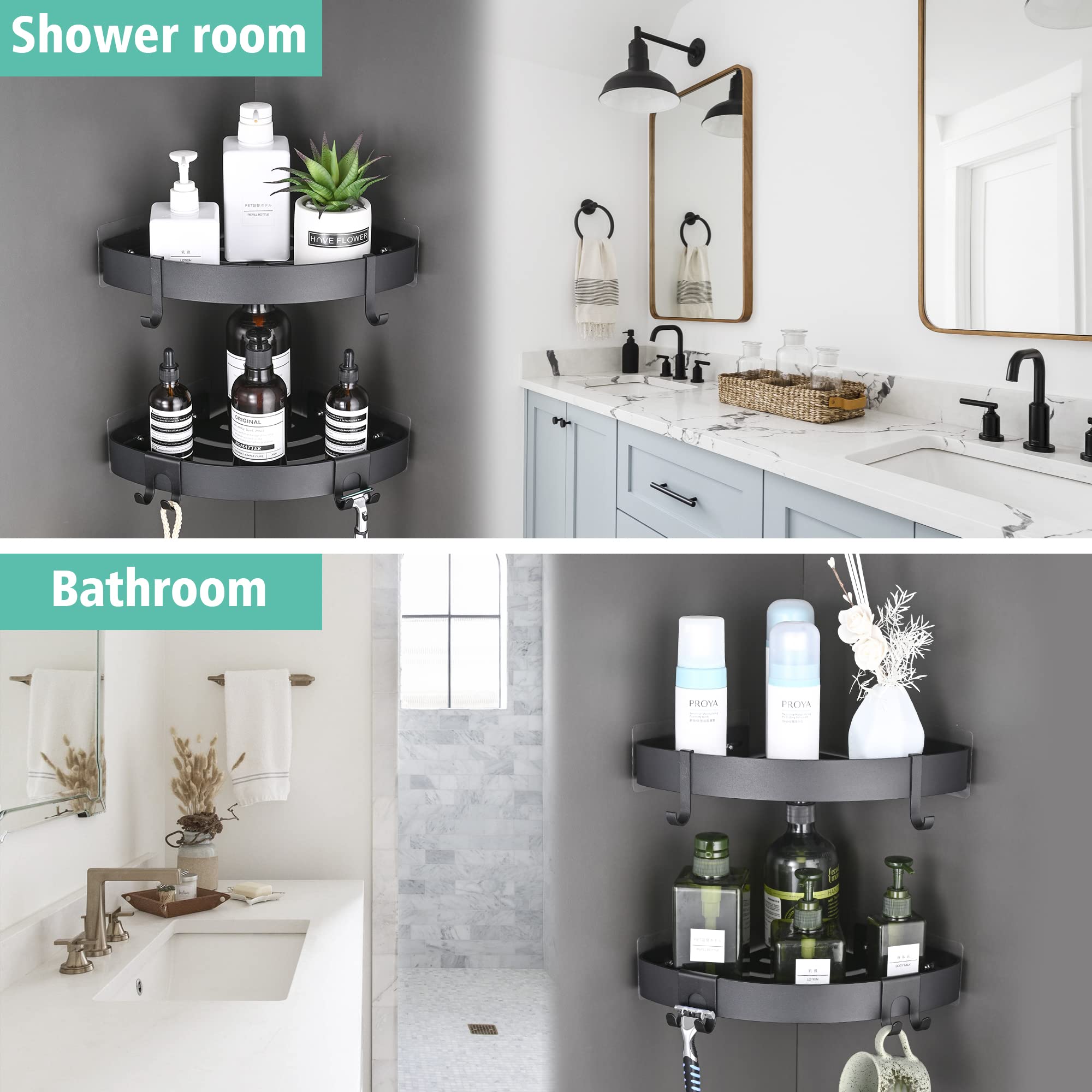 TRUSTLIFE 2-Pack Black Adhesive Shower Caddy Organizer - No Drill Aluminum Wall Mounted Bathroom Corner Shelf with Hooks for Wetroom - Perfect for Small Spaces, Shower Storage & Bathroom Organization