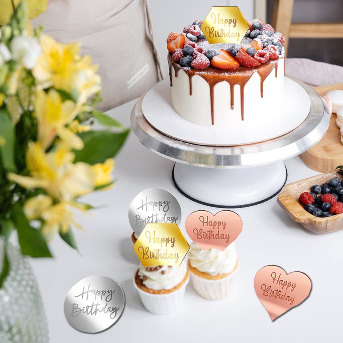 30 PCS Happy Birthday Cake Toppers - Mini Acrylic Cupcake Decorations, Mirror Heart Round Hexagon Engraved Charms for DIY Cake Decorating | Perfect for Birthday Parties, Baby Showers & Wedding Celebrations