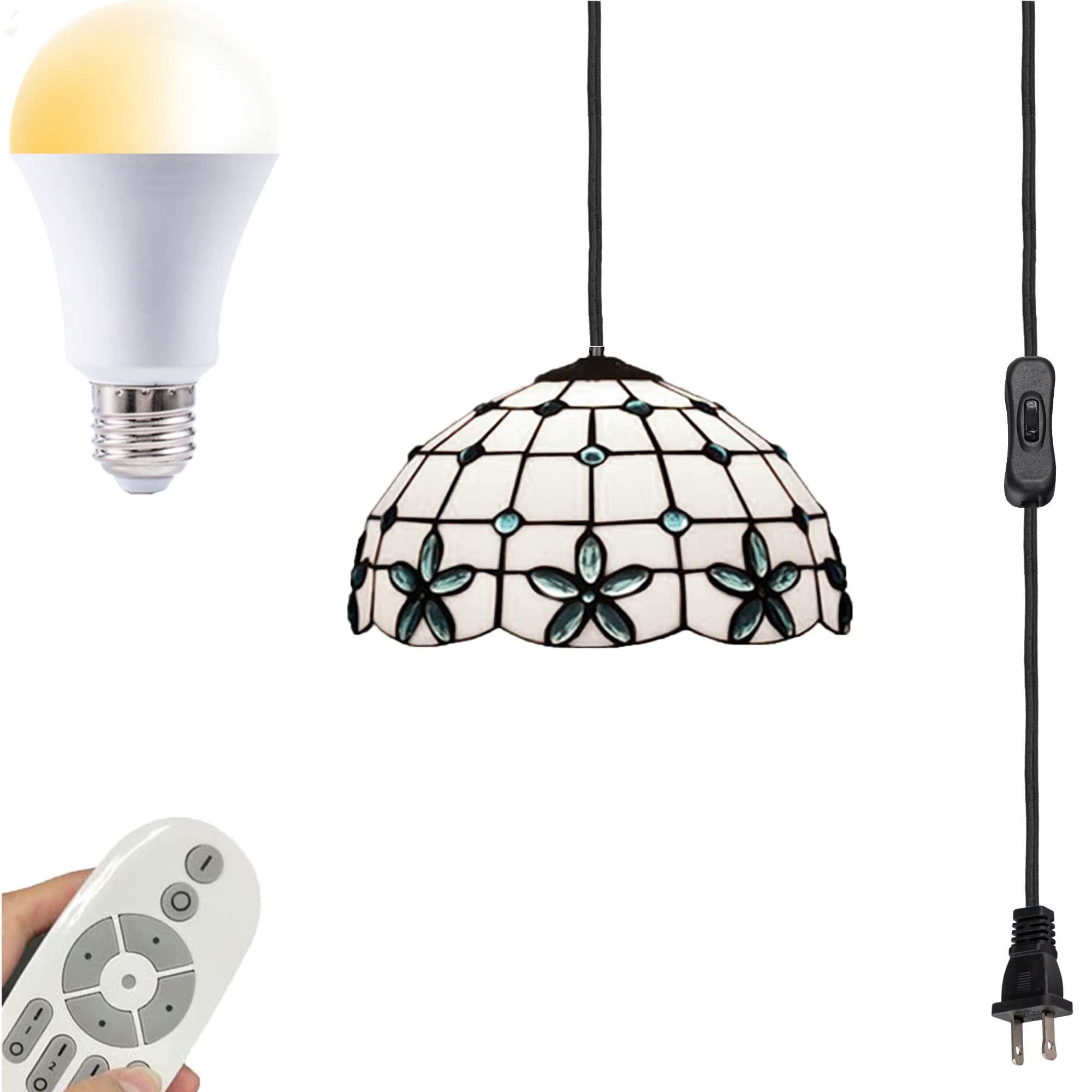 Kiven Vintage Remote Control Pendant Light with Glass Shade - Plug-in Swag Chandelier with On/Off Switch for Bedroom Nightstand, Kitchen Island & High Ceilings (1 Pack) - Perfect for Dining Rooms, Living Rooms & Home Decor