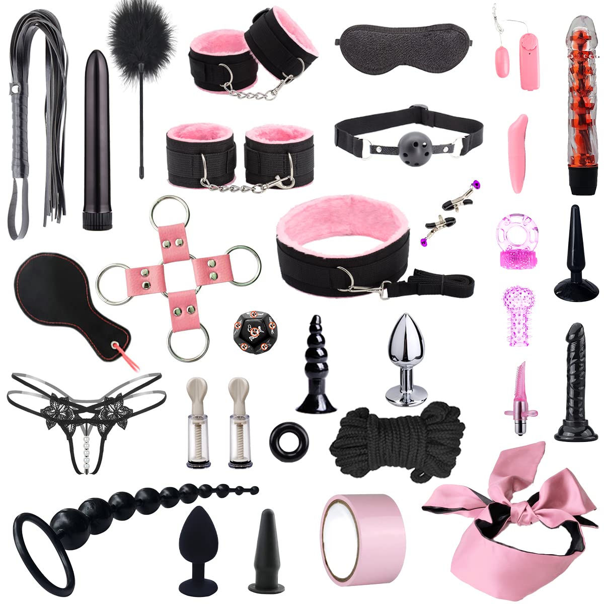 Premium BDSM Bondage Kit - Adjustable Handcuffs, Collar, Ankle Cuffs, Blindfold & Feather Tickler - 32-Piece Adult Toy Set for Couples (Pink) - Perfect for Spicing Up Bedroom Play & Role-Playing Scenarios