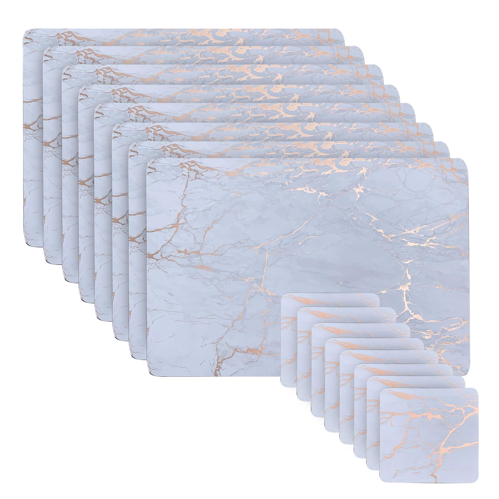 Elegant Marble and Cork Placemat Set - 8 Placemats & 8 Coasters with Rose Gold Trim | Perfect for Dining Table, Coffee Table, and Home Decor