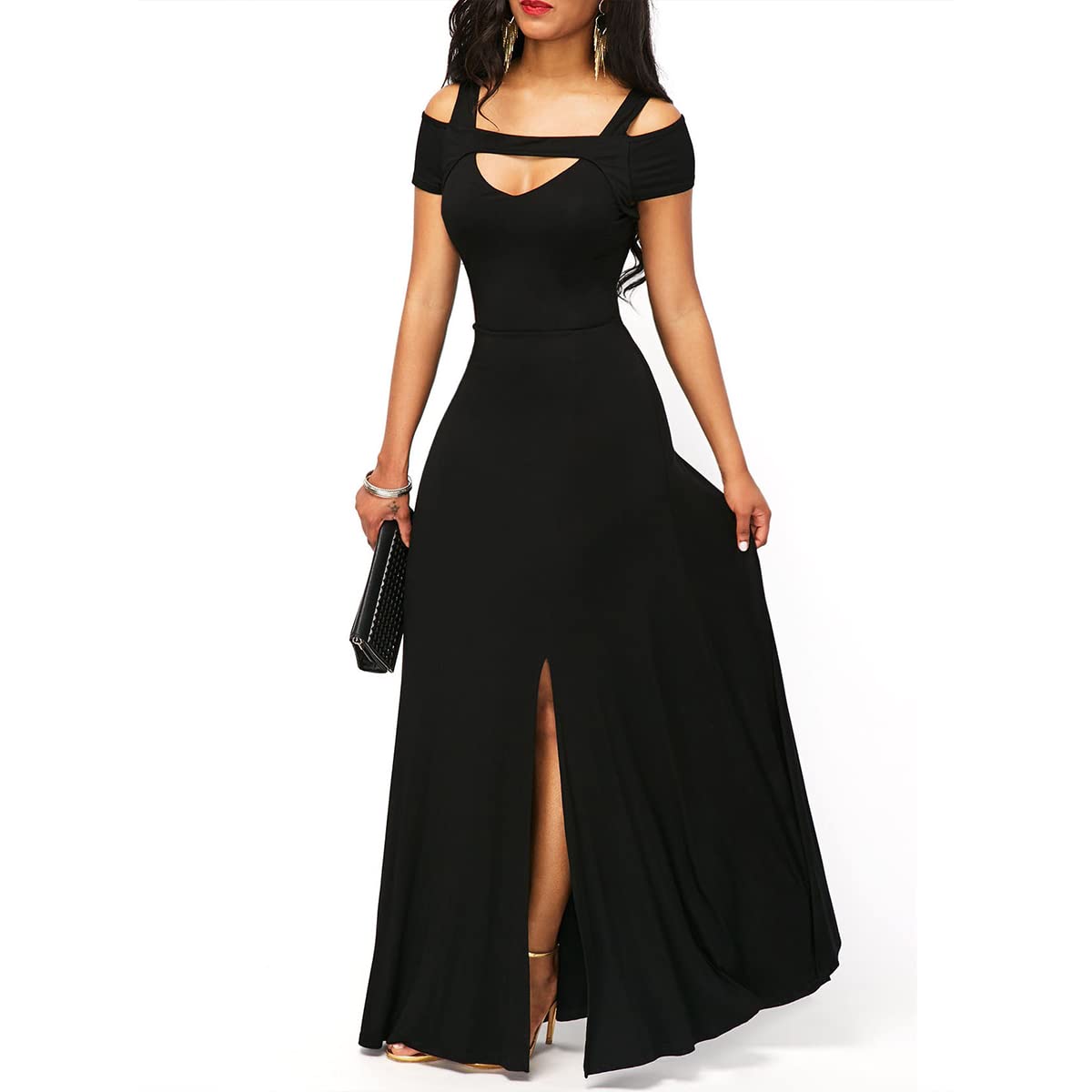 Elegant V-Neck Split Maxi Dress for Women - Cold Shoulder Short Sleeve High Waist Wedding Guest Dress - Plus Size Formal Gown for Parties, Evening Events & Special Occasions