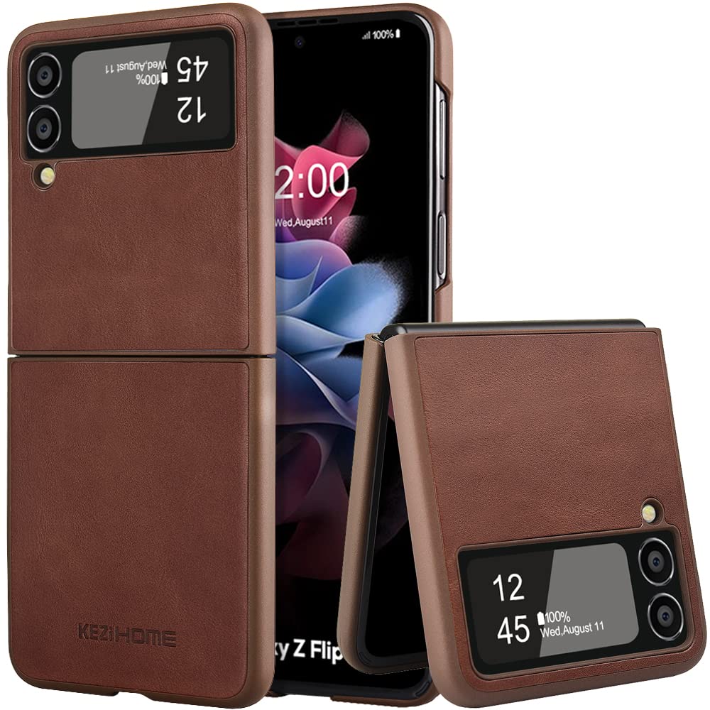 KEZiHOME Genuine Leather Case for Samsung Galaxy Z Flip 3 5G (2021) - Ultra Thin Slim Protective Cover with Minimalist Design | Perfect for Everyday Use, Business & Travel (Brown)