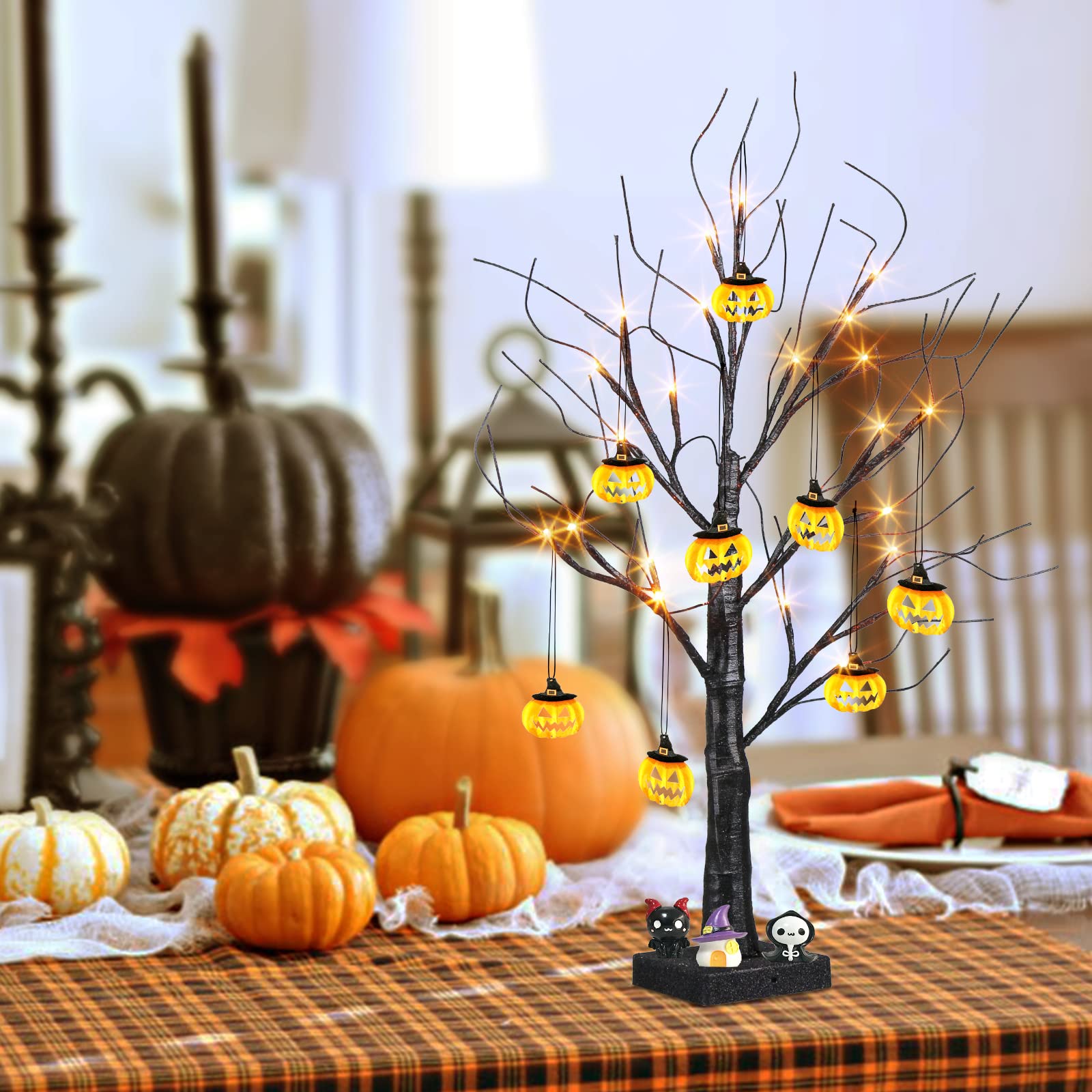 PEIDUO 2FT Halloween Tree with 24 Orange LED Lights & 8 Pumpkin Ornaments - Battery Powered Black Halloween Decor with Timer - Perfect for Indoor Home, Desk, Table, and Party Decorations
