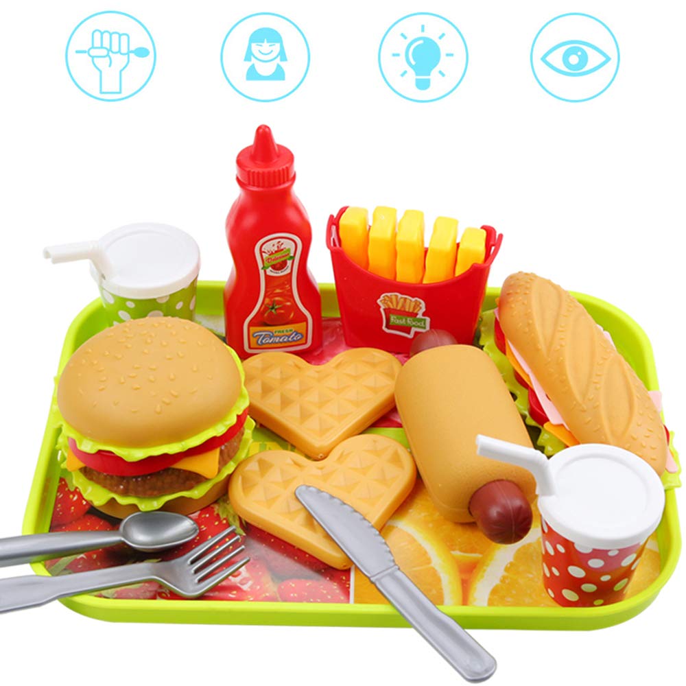 Pretend Play Fast Food Set - Kids Kitchen Toy Accessories with Plastic Burger & Hot Dog - Educational Play Food for Toddlers & Children - Perfect for Birthday Gifts & Role-Playing Games (Ideal for Home, Preschool & Daycare Pretend Play)