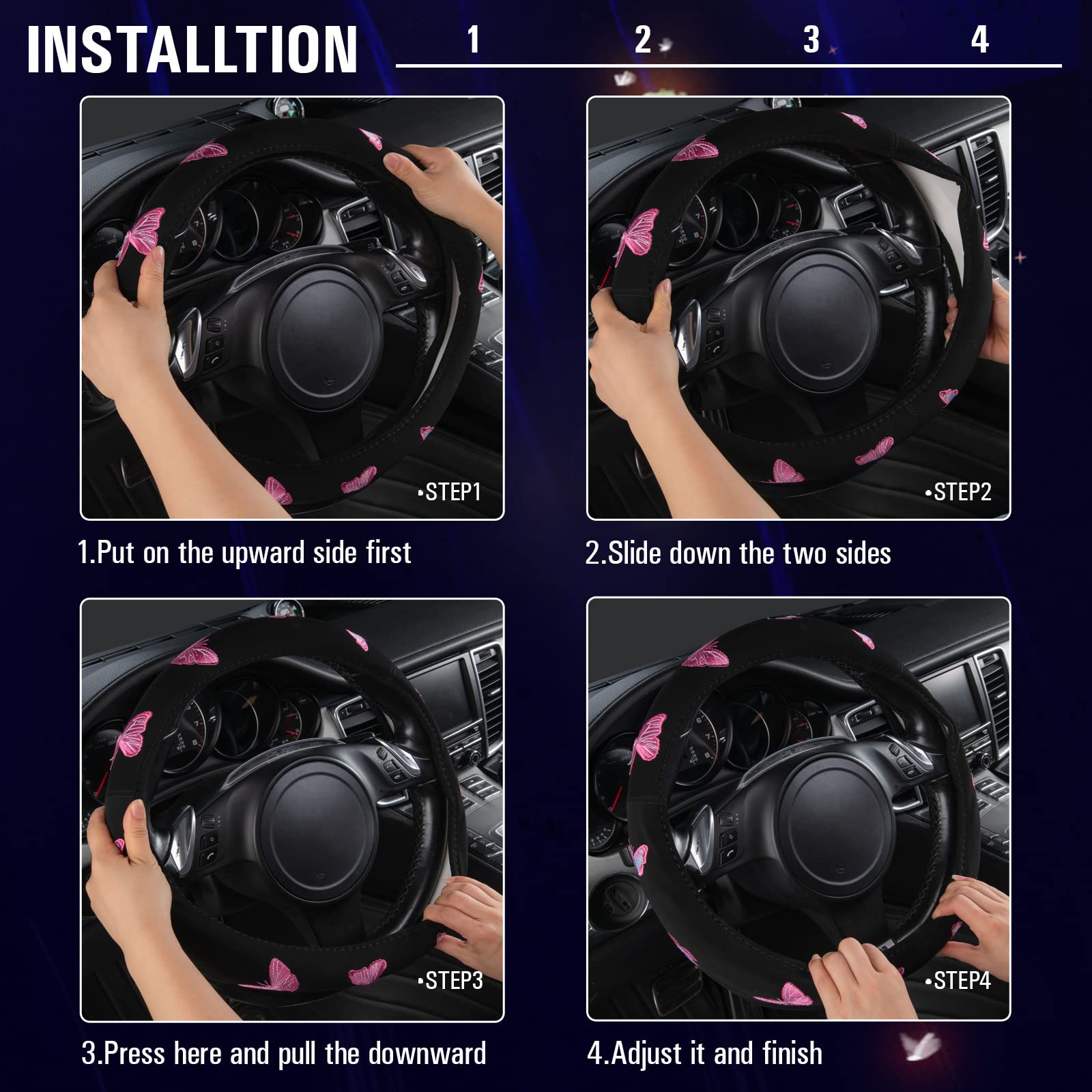 Pink Butterfly Embroidery Steering Wheel Cover - Universal 15 Inch Car Wheel Cover for Women & Girls, Fits SUVs, Small Trucks, Sedans (Black & Pink) | Perfect for Daily Commute, Road Trips & Car Interior Decoration