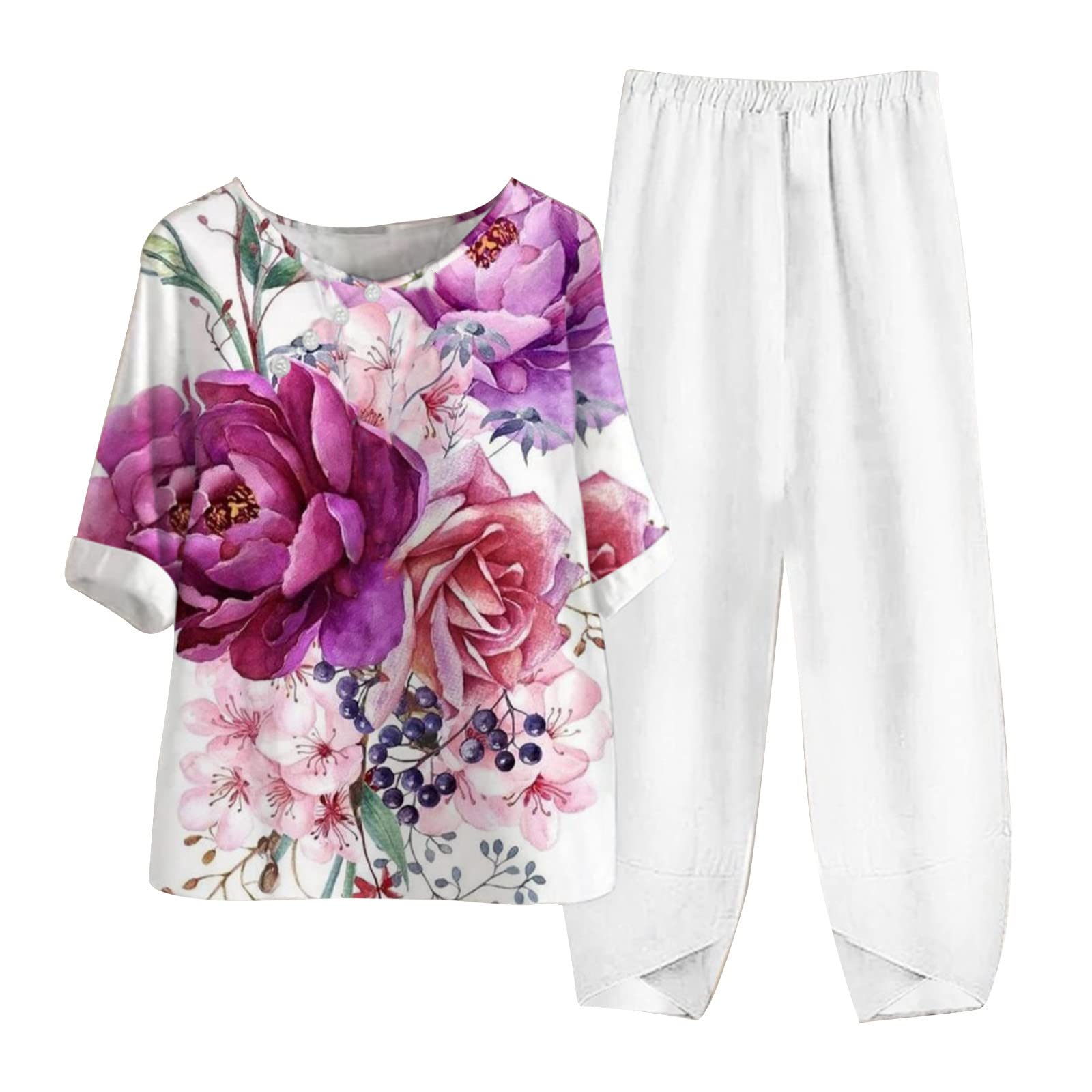 Women's Summer Linen Outfits - 2 Piece Lounge Set with Half Sleeve T-Shirt & Cotton Linen Pants - Plus Size Vacation Wear for Beach, Travel & Casual Comfort