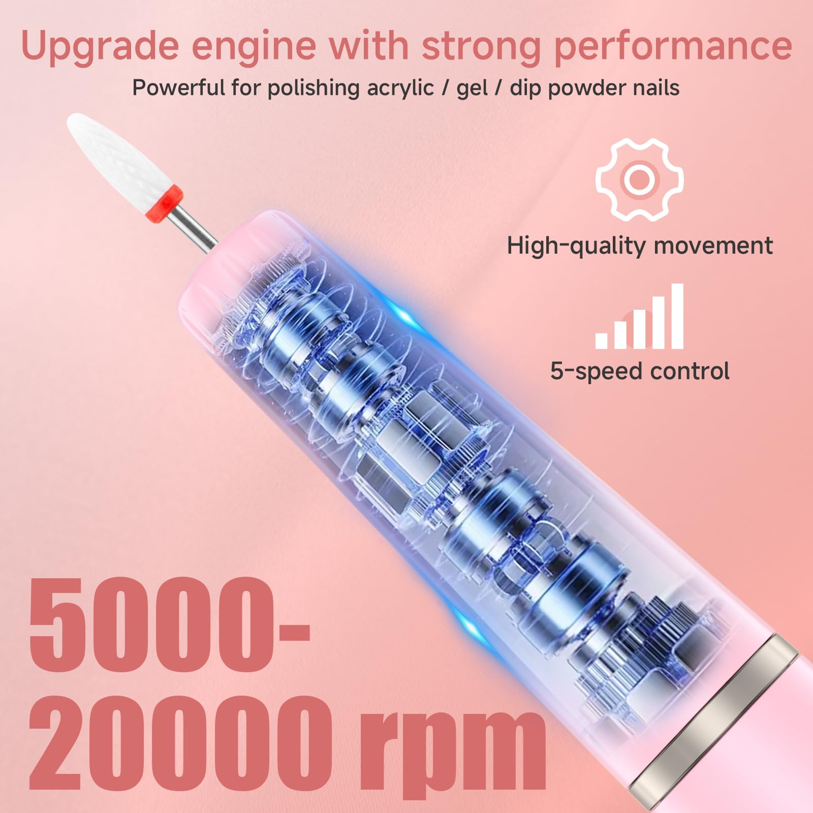 Professional Rechargeable Electric Nail Drill Kit - Cordless Nail Filer for Acrylic & Gel Nails | Manicure & Pedicure Set for Beginners & Professionals | Perfect for Home Salon, Nail Art & DIY Nail Care (Pink)