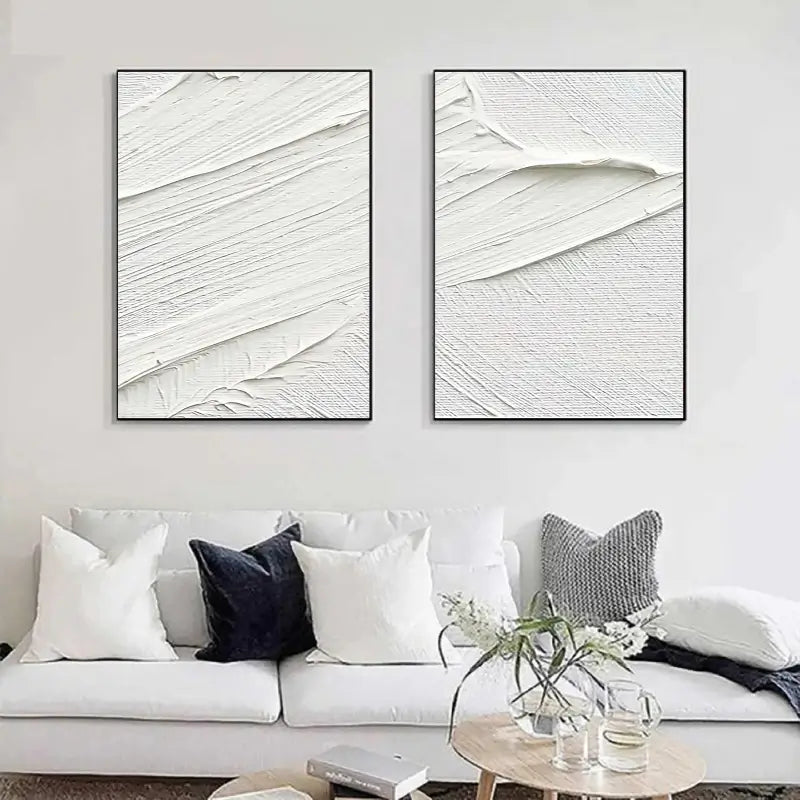 Minimalist White Textured Canvas Paintings - Set of 2 Modern Abstract Wall Art for Living Room & Bedroom Decor #MM052