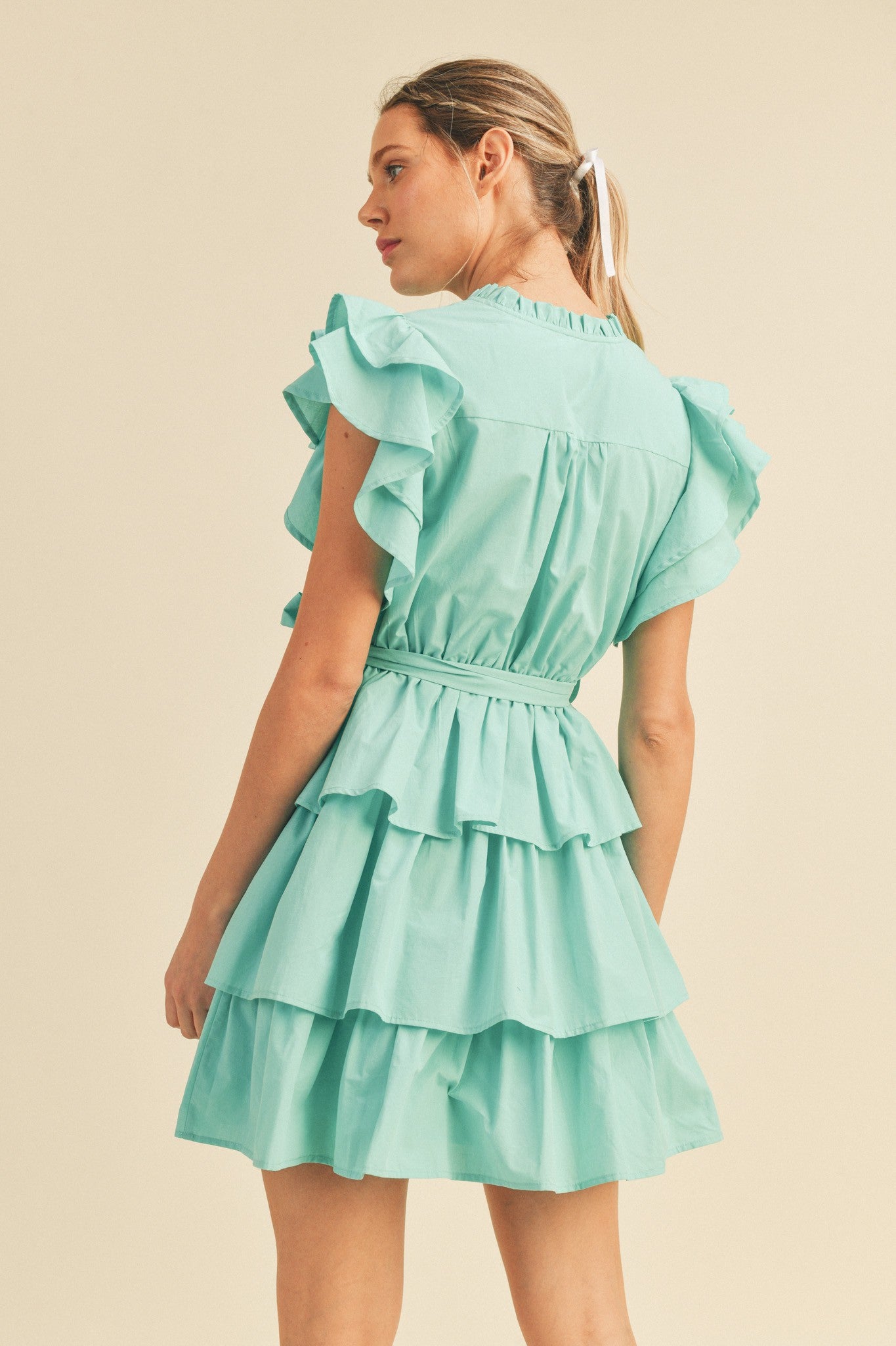 Aqua Ruffle Tiered Mini Dress - Flowy Summer Party Dress for Women, Beach Wedding Guest Outfit, Boho Chic Casual Wear