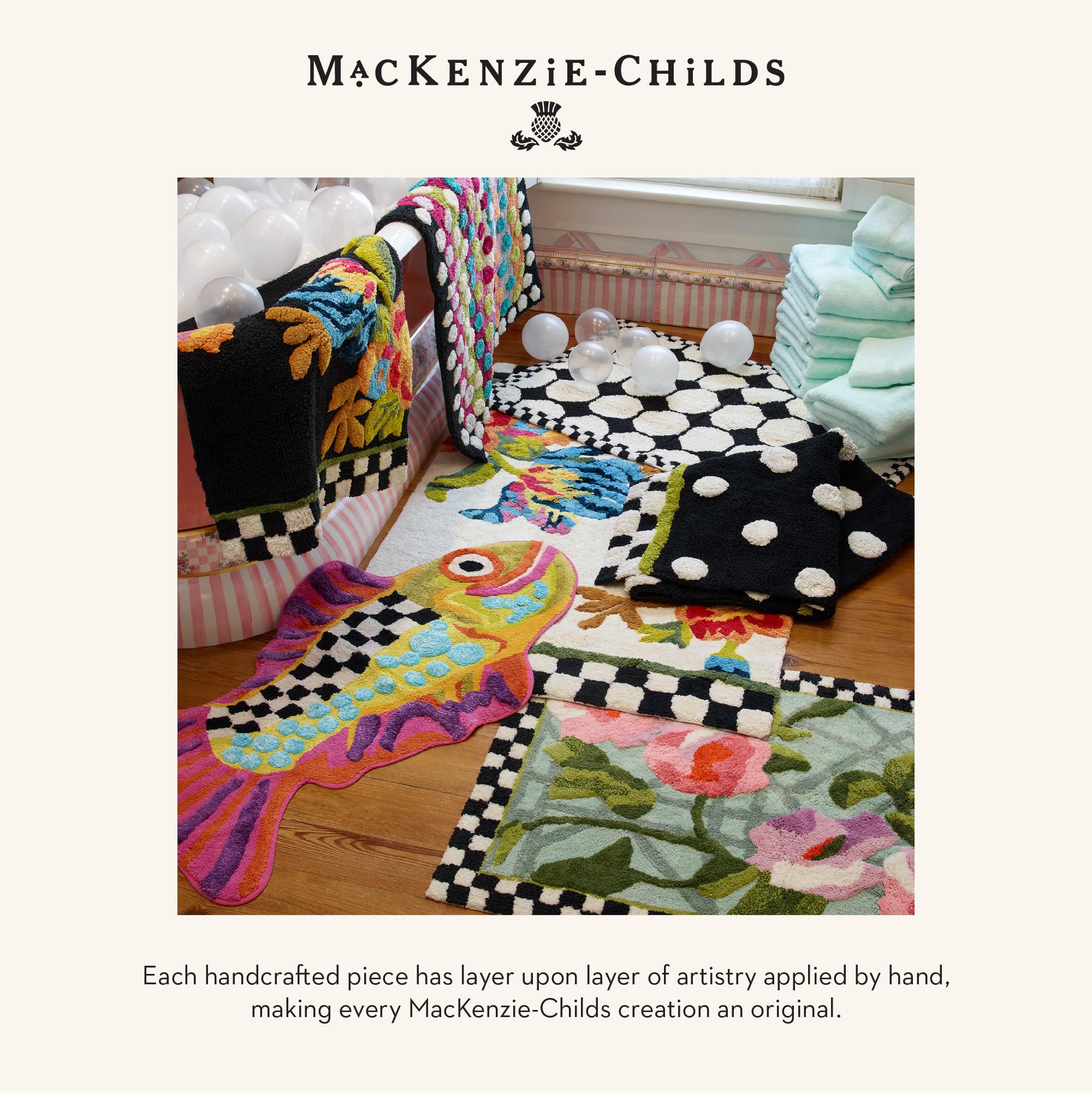 MACKENZIE-CHILDS Chelsea Garden Cotton Bath Rug - Non-Slip Absorbent Bath Mat for Bathroom, Shower & Vanity Area - Soft Machine Washable Floor Mat for Home Decor