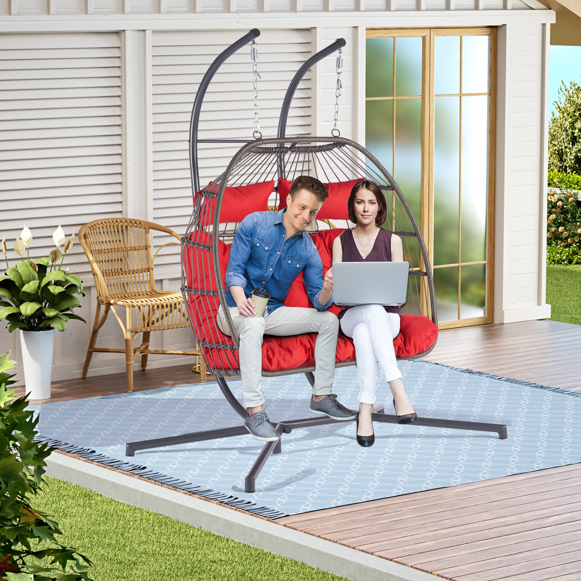 2 Person Outdoor Rattan Hanging Chair - Patio Wicker Egg Chair for Backyard, Garden, or Balcony Relaxation
