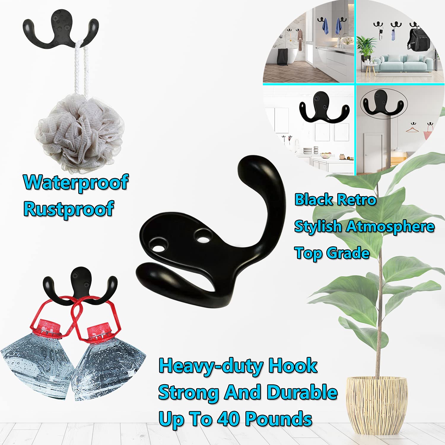 3 Pack Black Double Prong Wall Hooks - Heavy Duty Rustproof Bathroom & Kitchen Towel Hooks for Hanging Robes, Hats, Loofahs, Scarves & Bags - Perfect for Shower, Closet & Entryway Organization