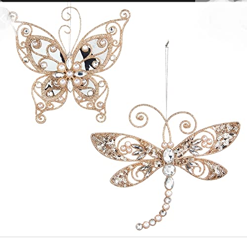 Sparkling Gold Glitter Butterfly & Dragonfly Ornament Set - 2 Pack for Christmas Tree Decor, Home Party, Wedding Centerpiece, Gift Topper, DIY Crafts