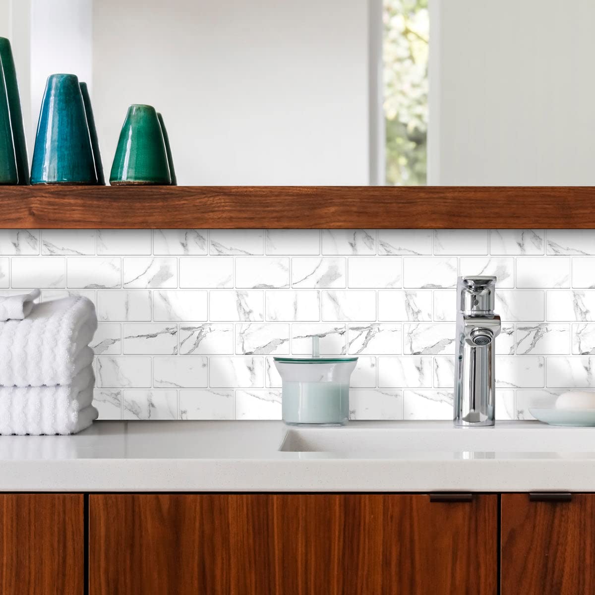 Tic Tac Tiles Peel and Stick Wall Tiles - Thicker Subway Brick Design (10 Pack, Marble White) - Perfect for Kitchen Backsplash, Bathroom Walls & DIY Home Decor