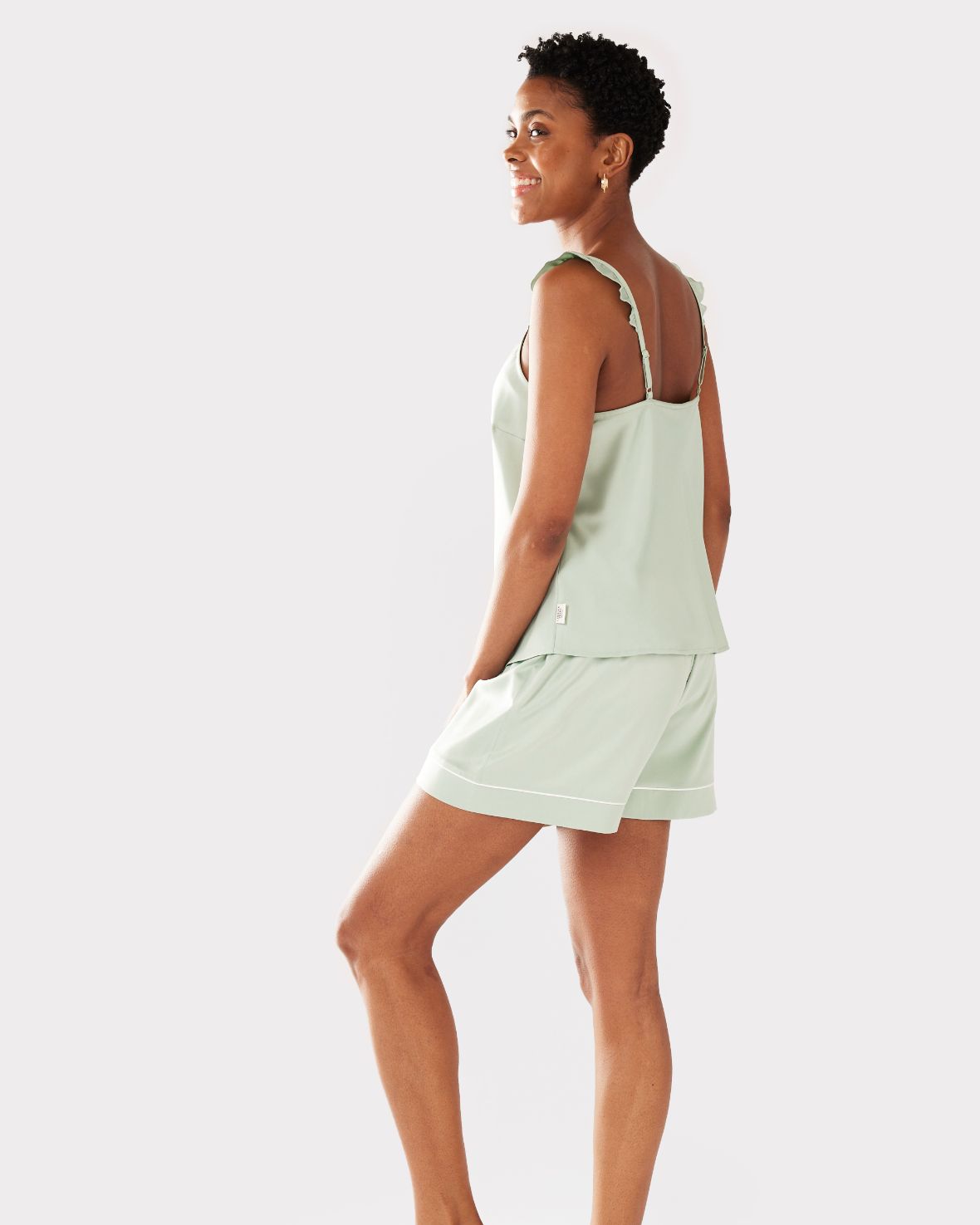 Luxury Satin Frill Trim Cami Short Pajama Set for Women - Soft & Comfortable Sleepwear - Sage Green Loungewear for Bedtime & Relaxation