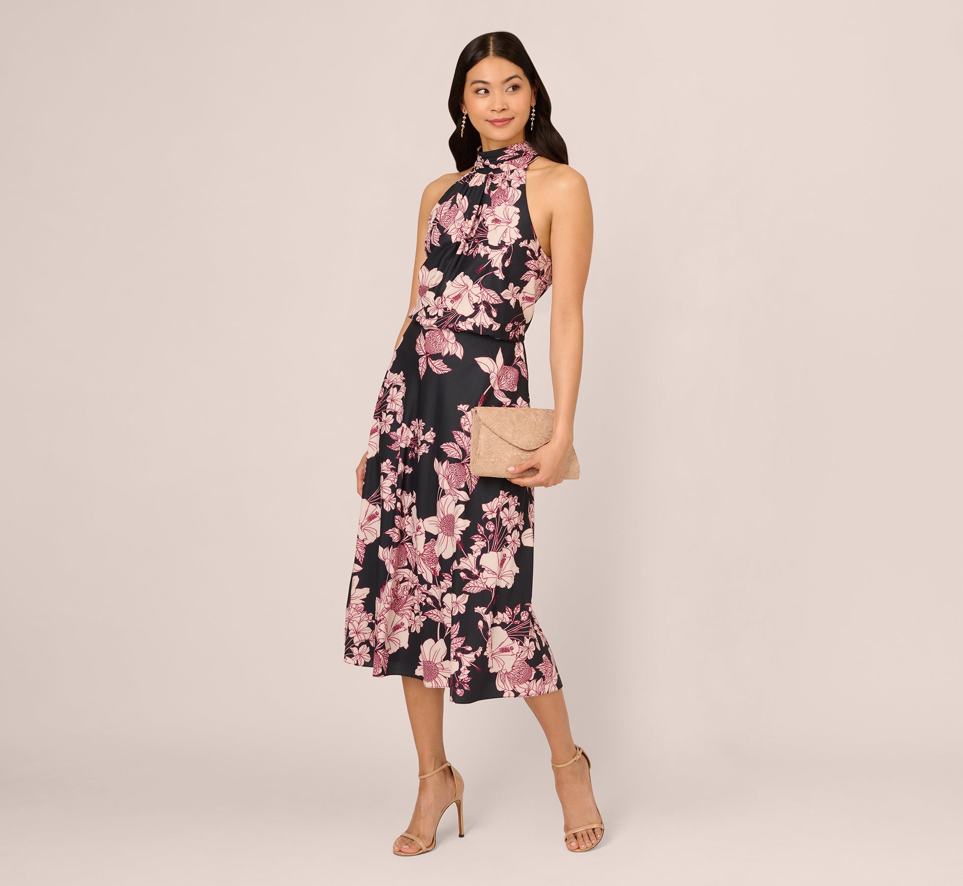 Floral Print Halter Midi Dress with Mock Neckline - Black Multi Color Summer Dress for Women, Perfect for Beach Vacation, Garden Party & Date Night Outfits