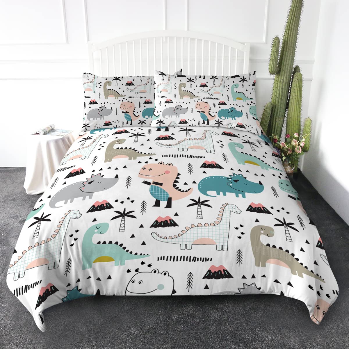 Dinosaur King Bedding Set for Boys - Cute Dino Duvet Cover, Blue & Pink Dinosaur Comforter Cover, 3-Piece Kids Cartoon Bed Set (King Size) - Perfect for Kids' Rooms, Themed Bedrooms & Dinosaur Lovers