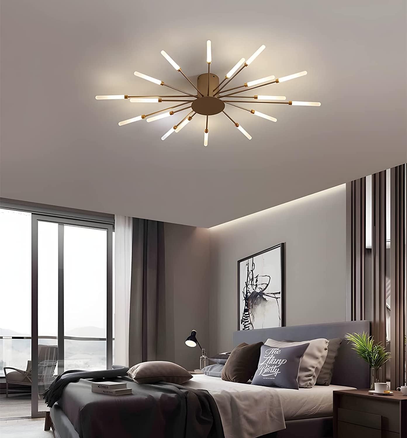 Linear Modern Sputnik Chandelier - Gold Acrylic Starburst Ceiling Light Fixture for Dining Room & Living Room | 20+1 Natural Light Bulbs | Perfect for Mid-Century Modern Home Decor