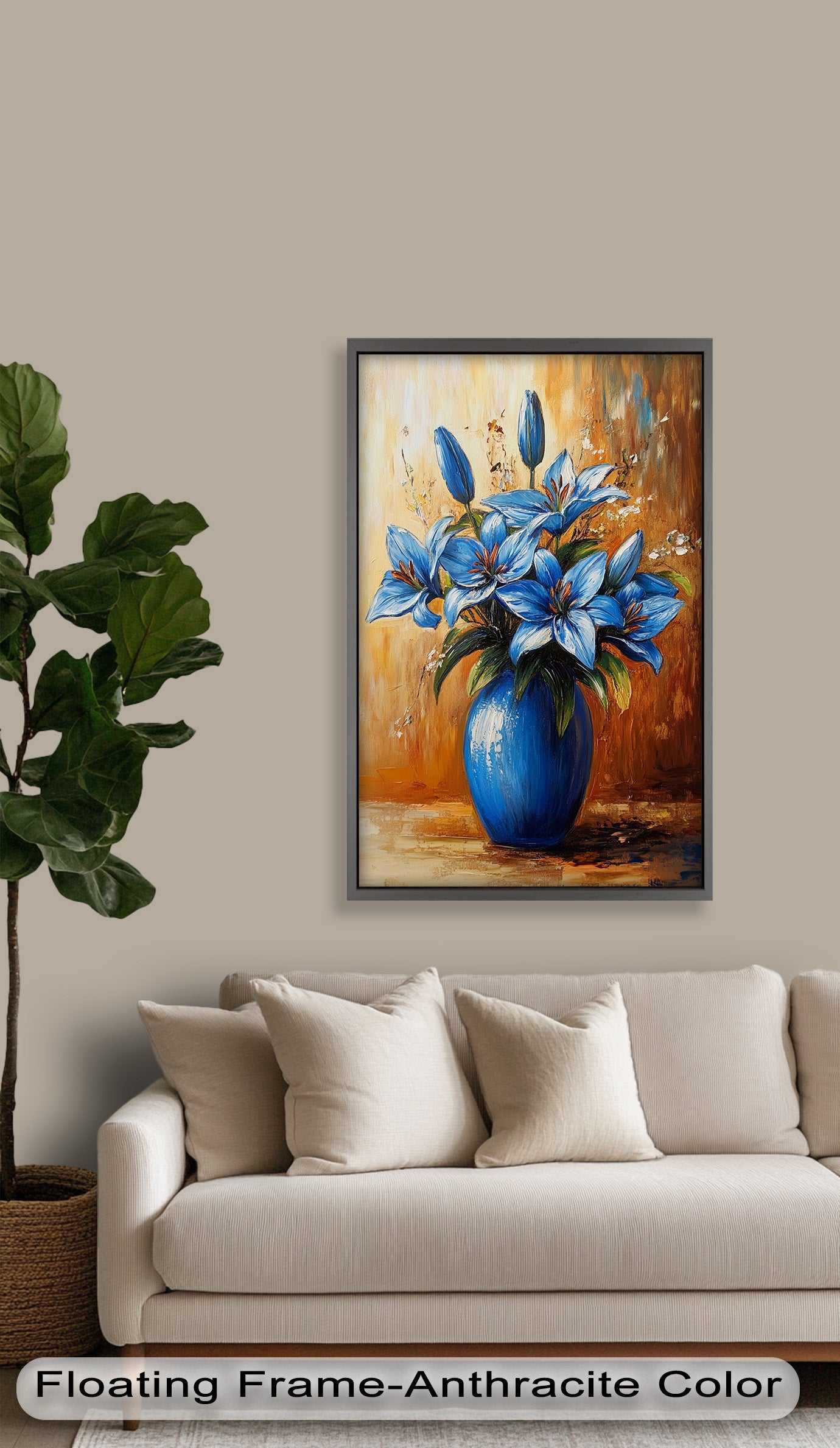 Azure Blossoms in Blue Vase - Hand-Painted Floral Oil Canvas Artwork for Living Room Decor | Wall Art for Home & Office