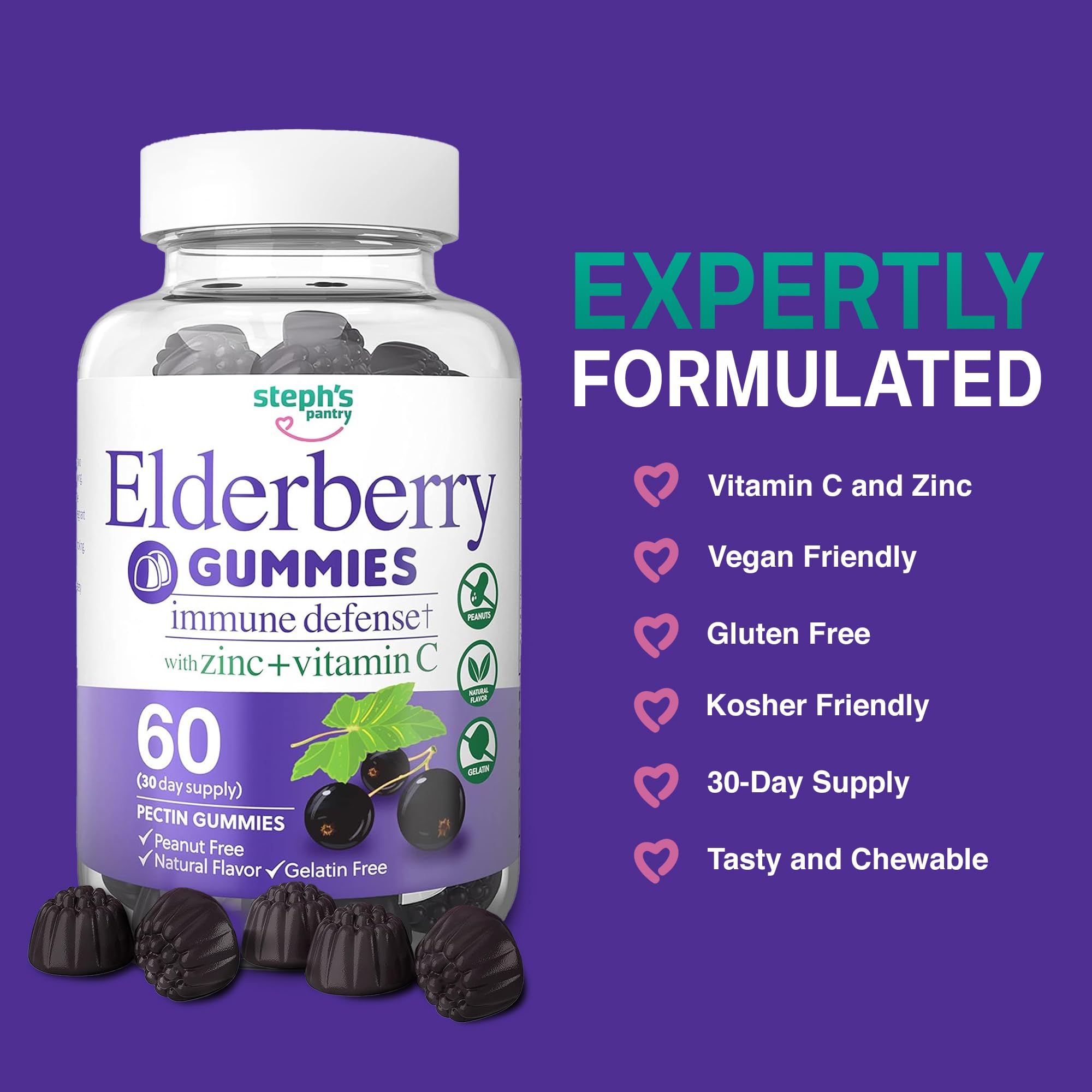 Elderberry Gummies with Vitamin C & Zinc - Immune Support Supplement for Adults & Kids - Vegan, Non-GMO, Antioxidant-Rich Multivitamin Gummies (60 Count) - Daily Immune Booster for Cold & Flu Season, Travel & School