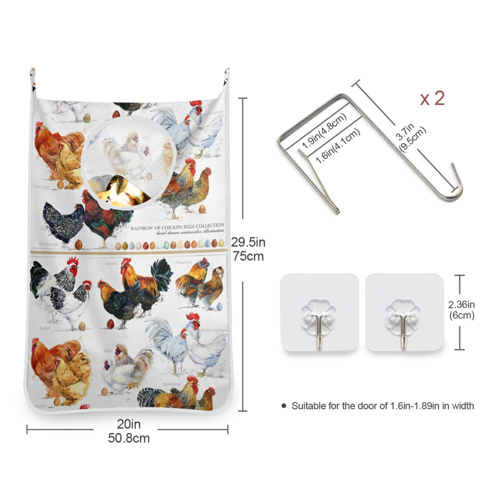 Chicken Hen Rooster Poultry Farm Bird Design Hanging Laundry Hamper Bag - Over The Door Clothes Storage Organizer with Hooks for Bathroom, Bedroom & Closet - Perfect for Farmhouse Decor, Pet Lovers & Country Style Homes