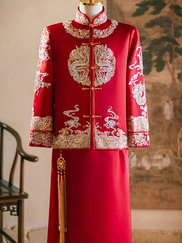 Elegant Sequined Embroidered Men's Chinese Wedding Qun Kwa Jacket & Skirt Set - Traditional Asian Groom Attire for Wedding Ceremonies & Cultural Events