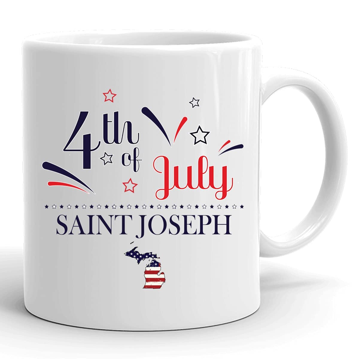 Custom 11oz White Coffee Mug with USA Flag - Personalized Independence Day Gift for Saint Joseph Michigan - Perfect for 4th of July Celebrations, Office Use & Holiday Gifting