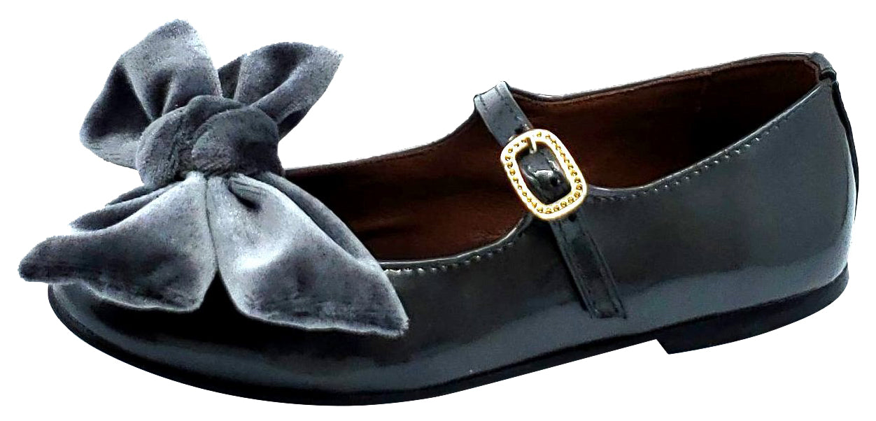 Clarys Girls Patent Leather Mary Jane Shoes with Velvet Bow - Grey Dress Shoes for Toddler & Little Girls | Perfect for Weddings, Parties & Special Occasions