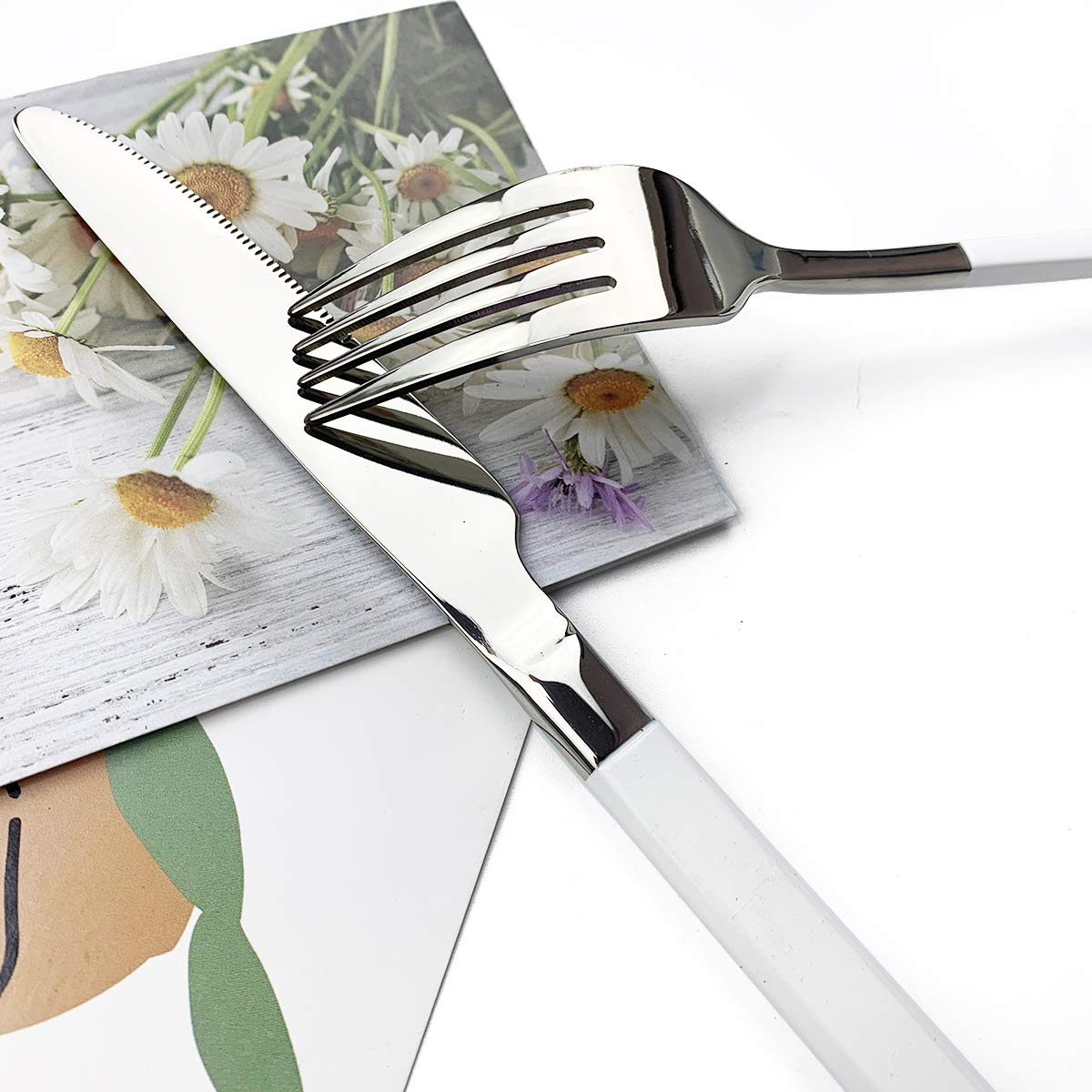 Premium 5-Piece Modern Silverware Set - 18/10 Stainless Steel Flatware with Square Edge - Elegant Mirror Polished Cutlery - Dishwasher Safe Kitchen Utensils for 1 (White Silver) - Perfect for Fine Dining, Dinner Parties & Everyday Use
