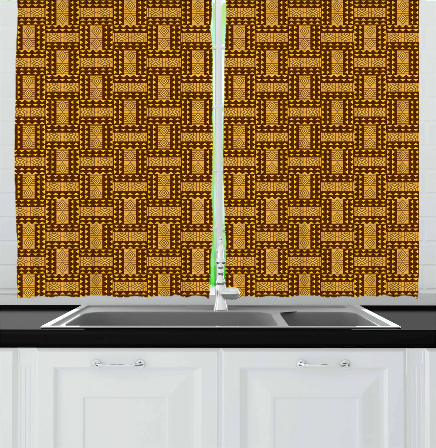 Ambesonne Kente Pattern Long Kitchen Curtains - Vintage African National Design with Triangle & Diamond Motifs - 2 Panel Rod Pocket Drapes 55