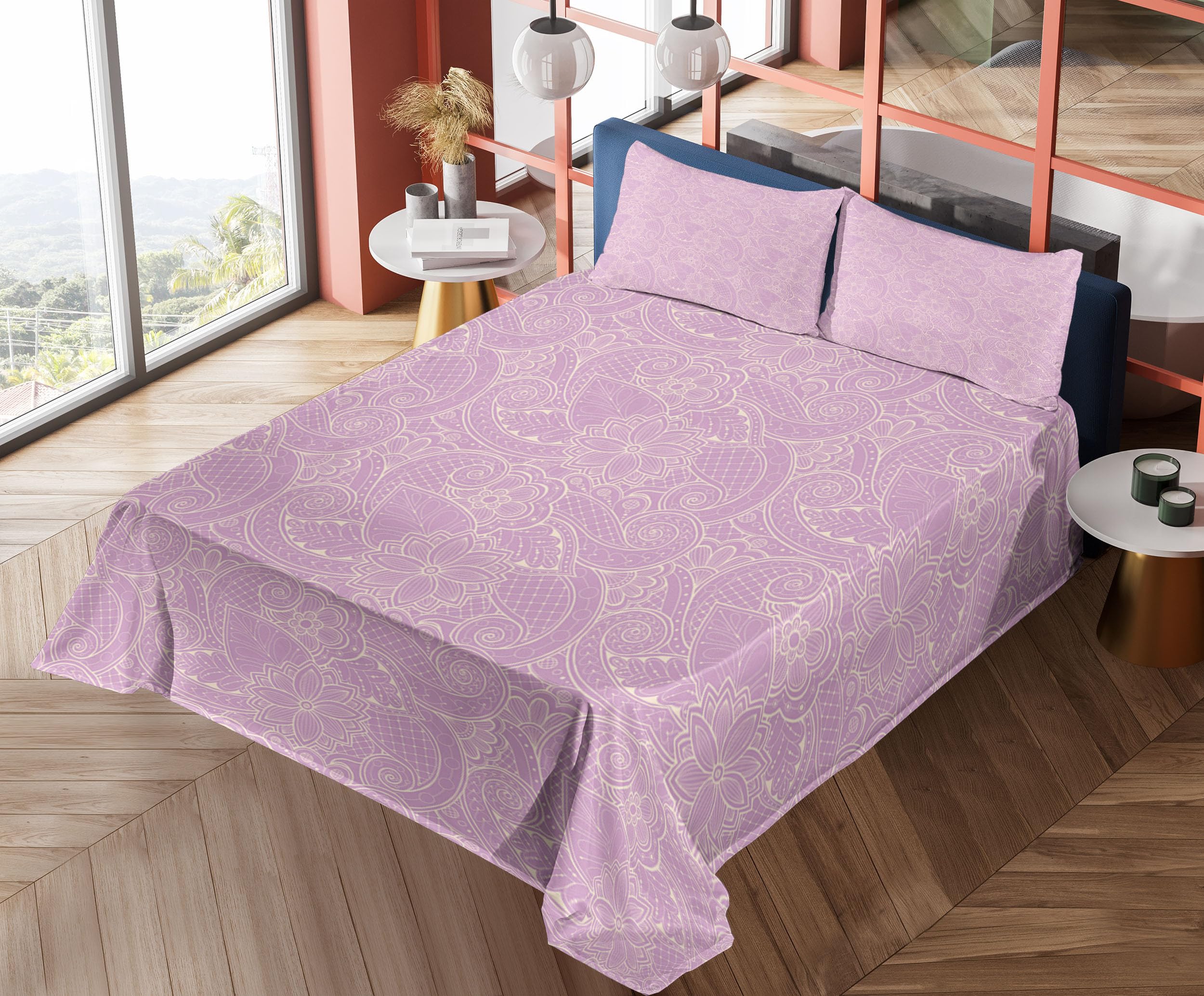Ambesonne 4-Piece King Sheet Set - Monochrome Foliage Design with Paisley & Floral Patterns, Lavender Beige Bedding | Soft & Breathable for All Seasons | Perfect for Master Bedroom, Guest Room & Vacation Homes
